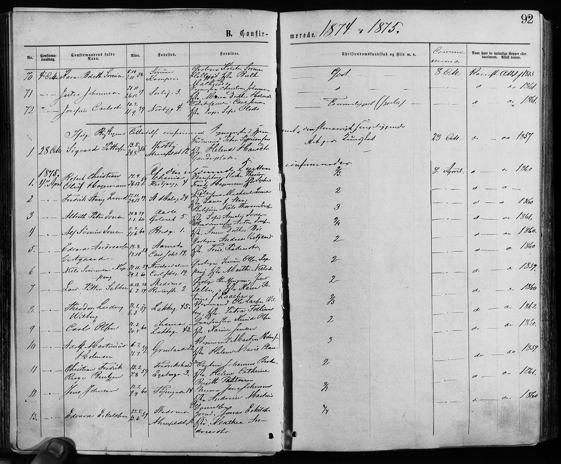 Grønland prestekontor Kirkebøker, AV/SAO-A-10848/F/Fa/L0005: Parish register (official) no. 5, 1869-1880, p. 92