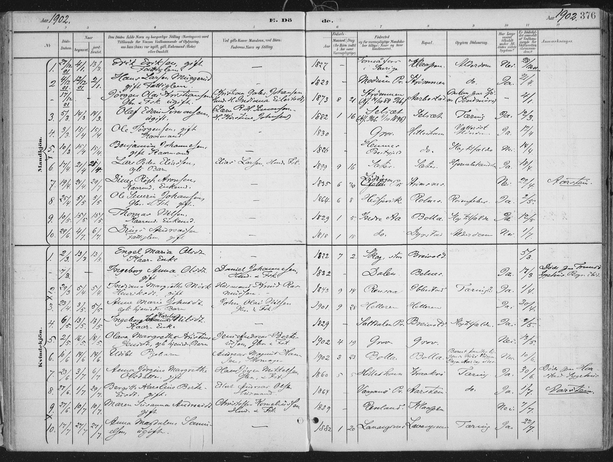 Ibestad sokneprestembete, AV/SATØ-S-0077/H/Ha/Haa/L0017kirke: Parish register (official) no. 17, 1901-1914, p. 376