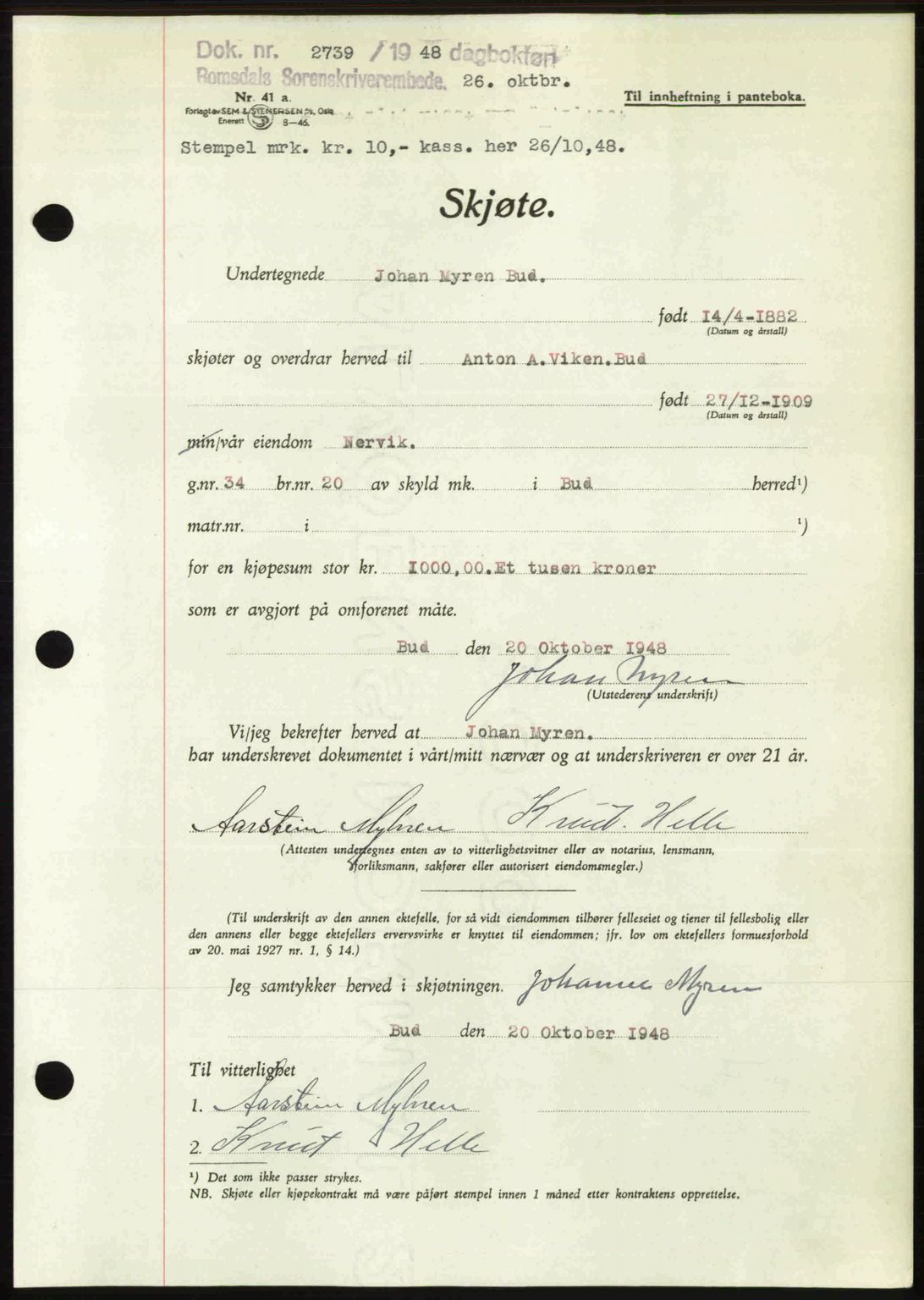 Romsdal sorenskriveri, AV/SAT-A-4149/1/2/2C: Mortgage book no. A27, 1948-1948, Diary no: : 2739/1948