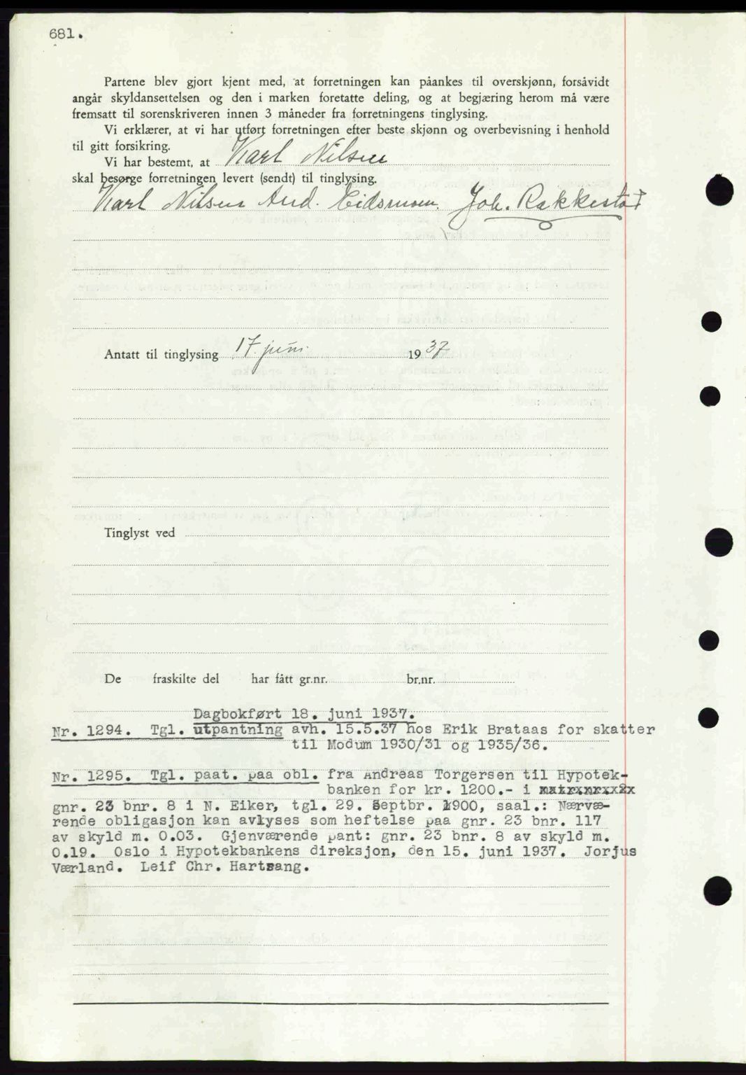 Eiker, Modum og Sigdal sorenskriveri, SAKO/A-123/G/Ga/Gab/L0035: Mortgage book no. A5, 1937-1937, Diary no: : 1294/1937