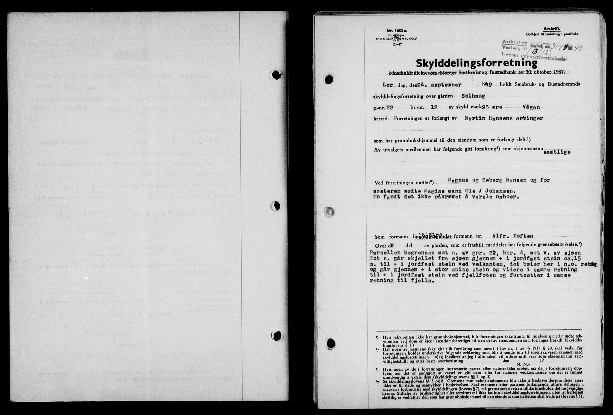 Lofoten sorenskriveri, SAT/A-0017/1/2/2C/L0022a: Mortgage book no. 22a, 1949-1950, Diary no: : 3144/1949
