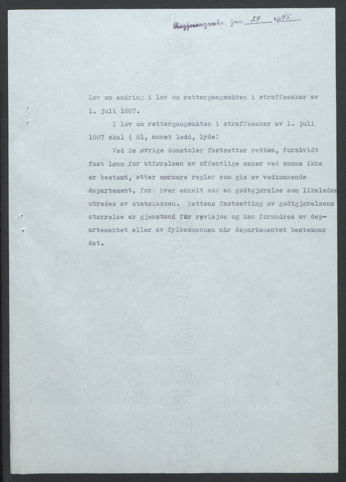 NS-administrasjonen 1940-1945 (Statsrådsekretariatet, de kommisariske statsråder mm), AV/RA-S-4279/D/Db/L0101/0001: -- / Lover og vedtak, 1945, p. 55