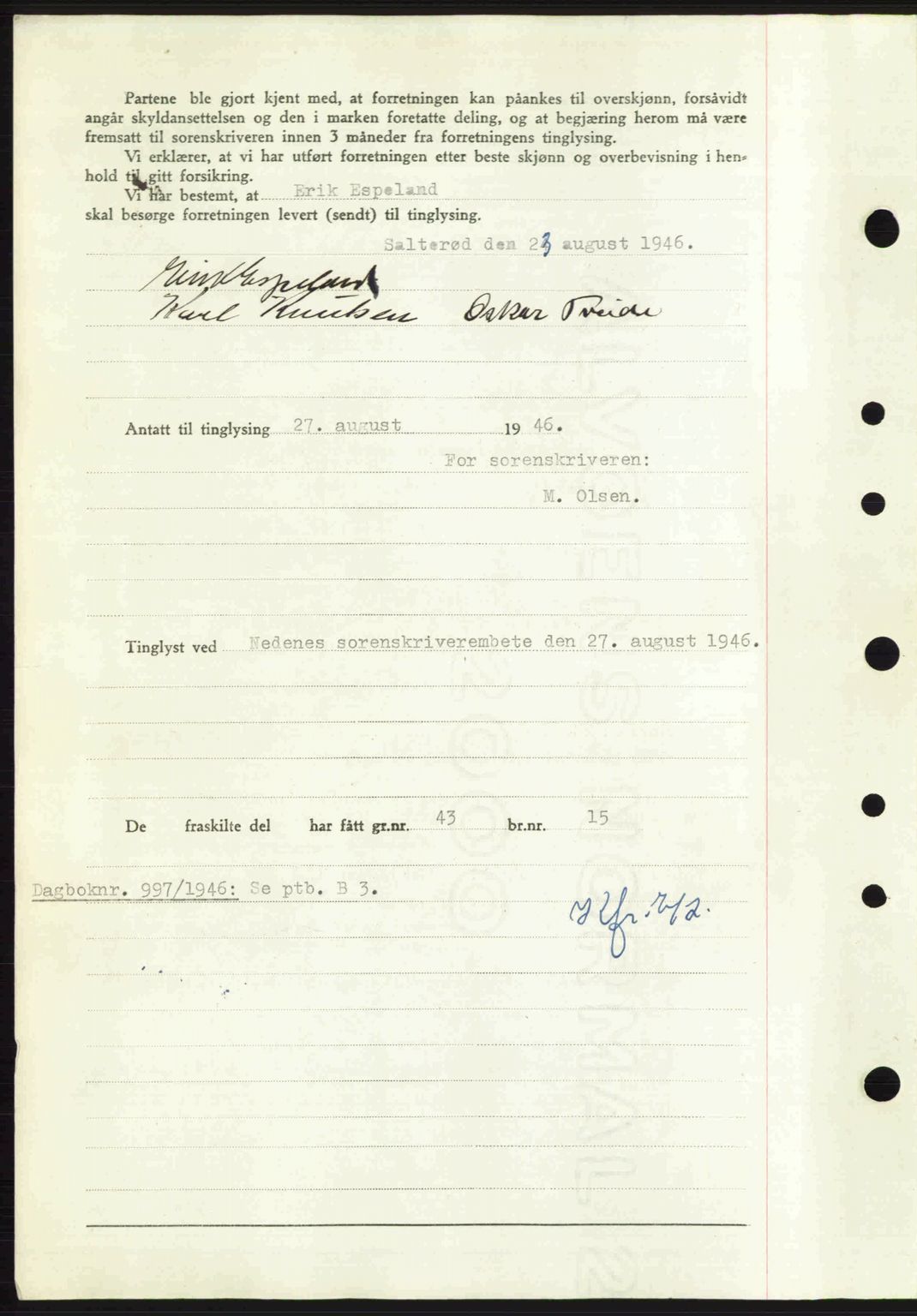 Nedenes sorenskriveri, SAK/1221-0006/G/Gb/Gba/L0055: Mortgage book no. A7, 1946-1946, Diary no: : 996/1946