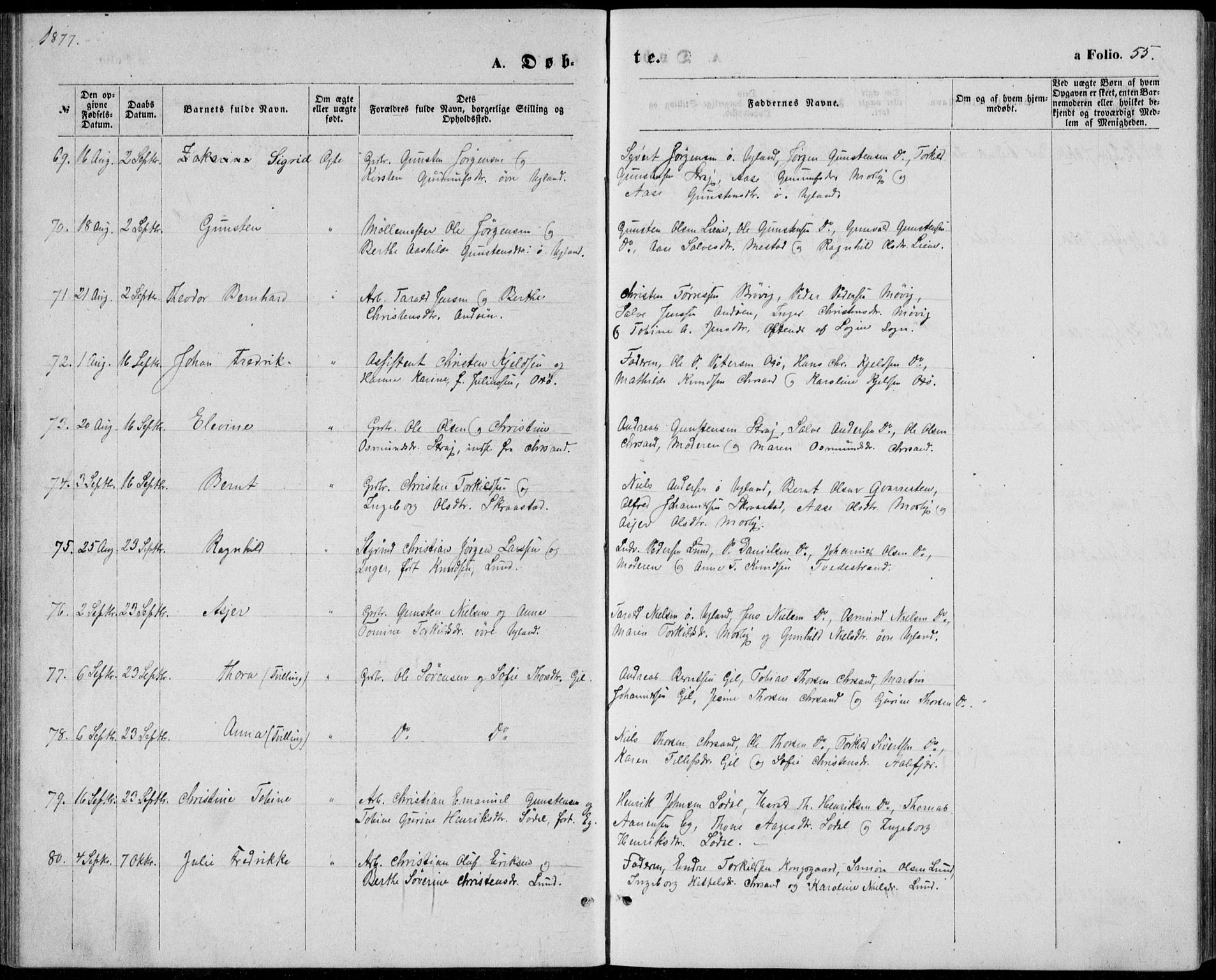 Oddernes sokneprestkontor, AV/SAK-1111-0033/F/Fb/Fba/L0007: Parish register (copy) no. B 7, 1869-1887, p. 55