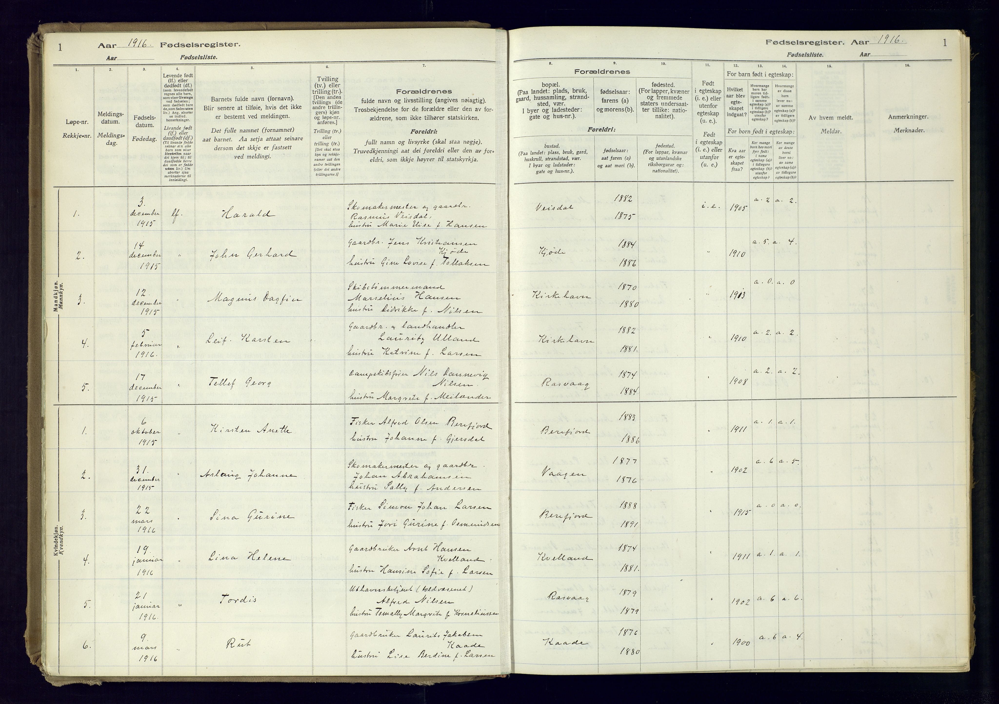 Flekkefjord sokneprestkontor, AV/SAK-1111-0012/J/Ja/L0007: Birth register no. 7, 1916-1982, p. 1