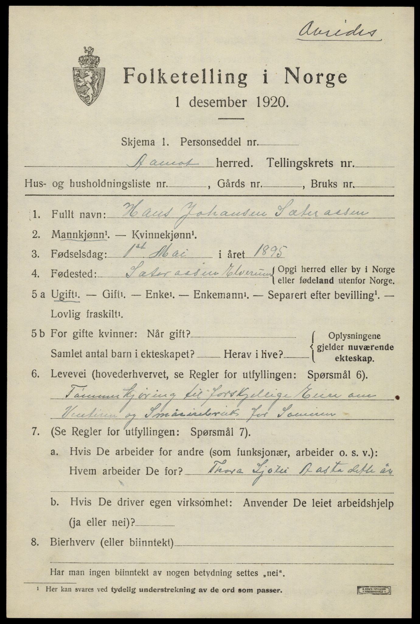 SAH, 1920 census for Åmot, 1920, p. 9405