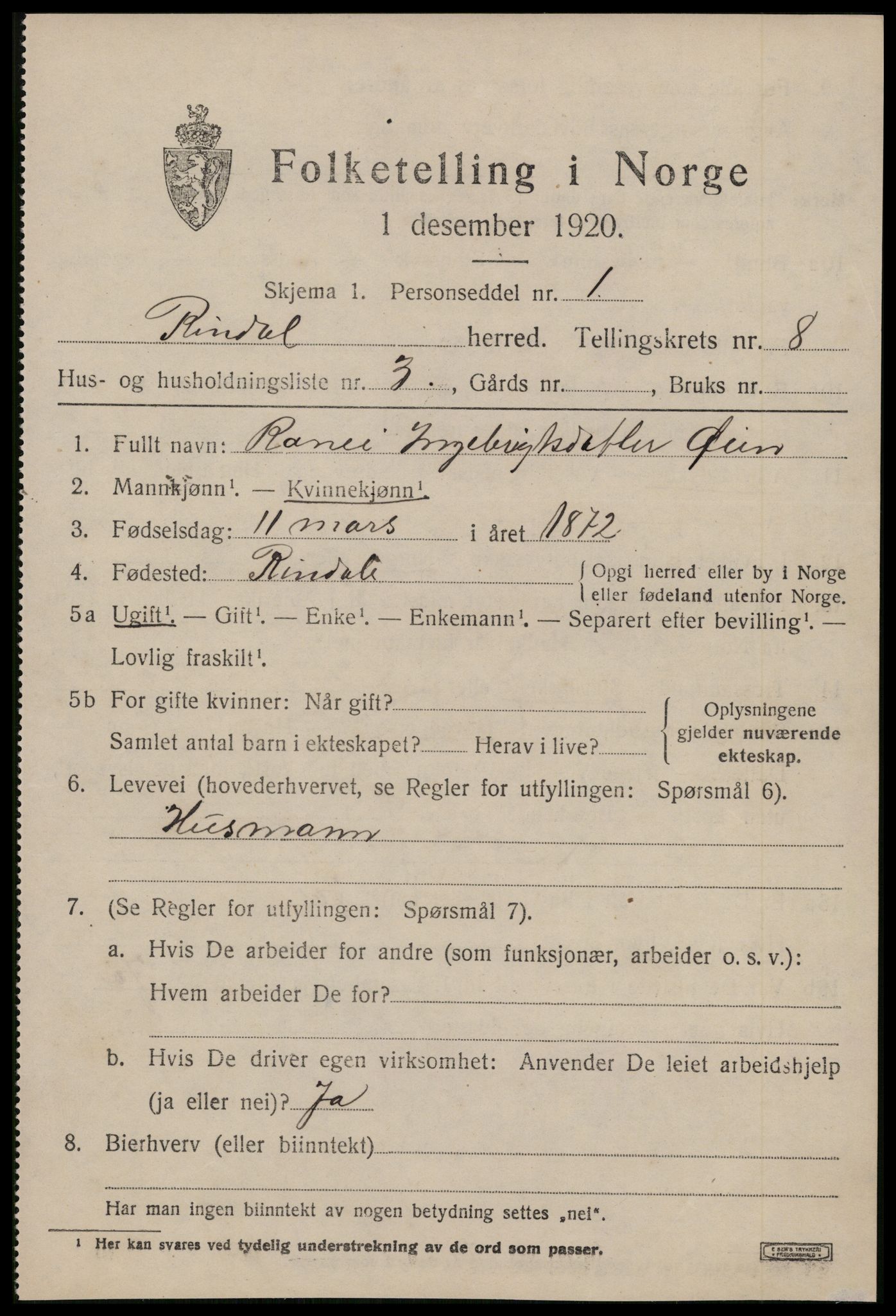 SAT, 1920 census for Rindal, 1920, p. 3954