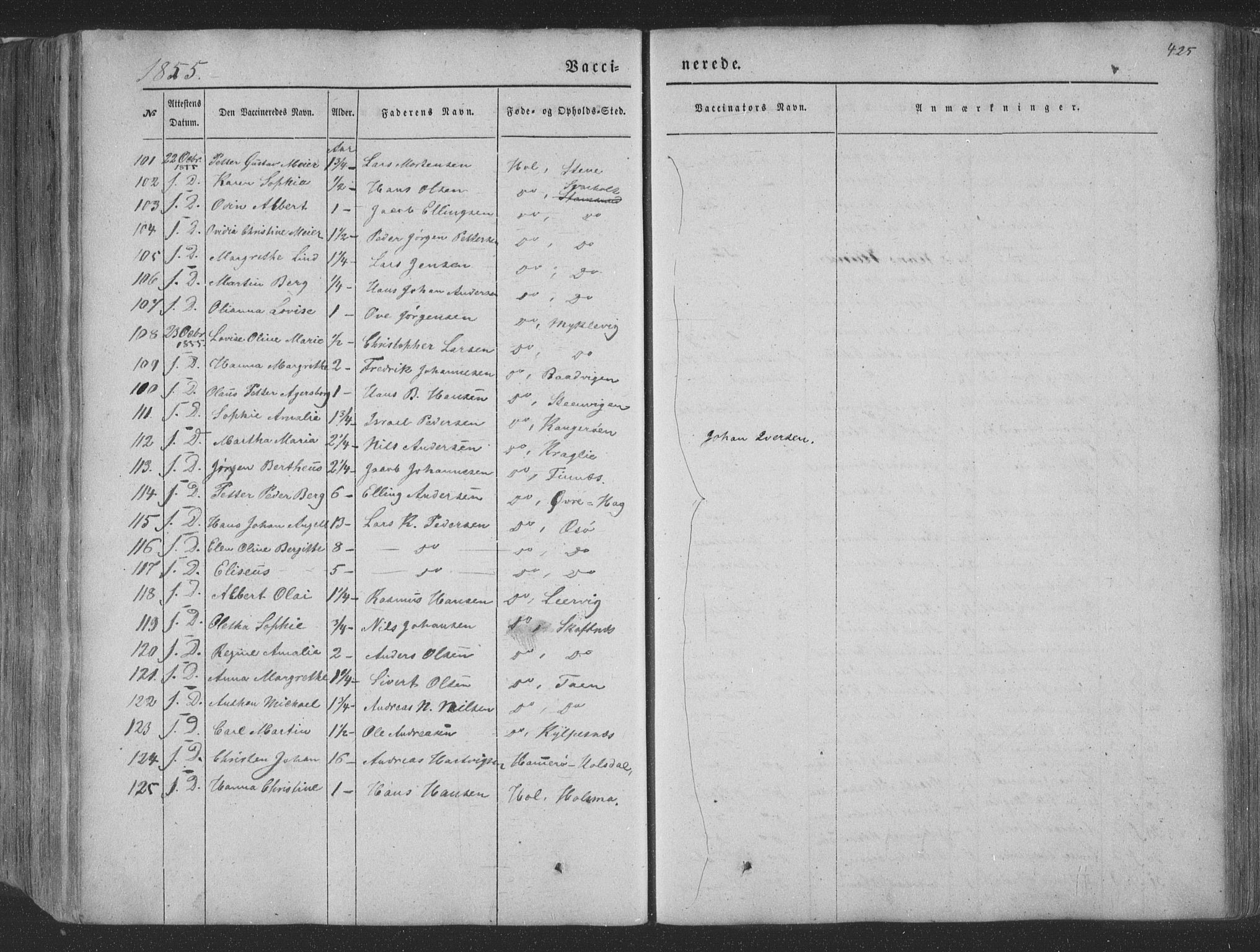 Ministerialprotokoller, klokkerbøker og fødselsregistre - Nordland, AV/SAT-A-1459/881/L1165: Parish register (copy) no. 881C02, 1854-1876, p. 425