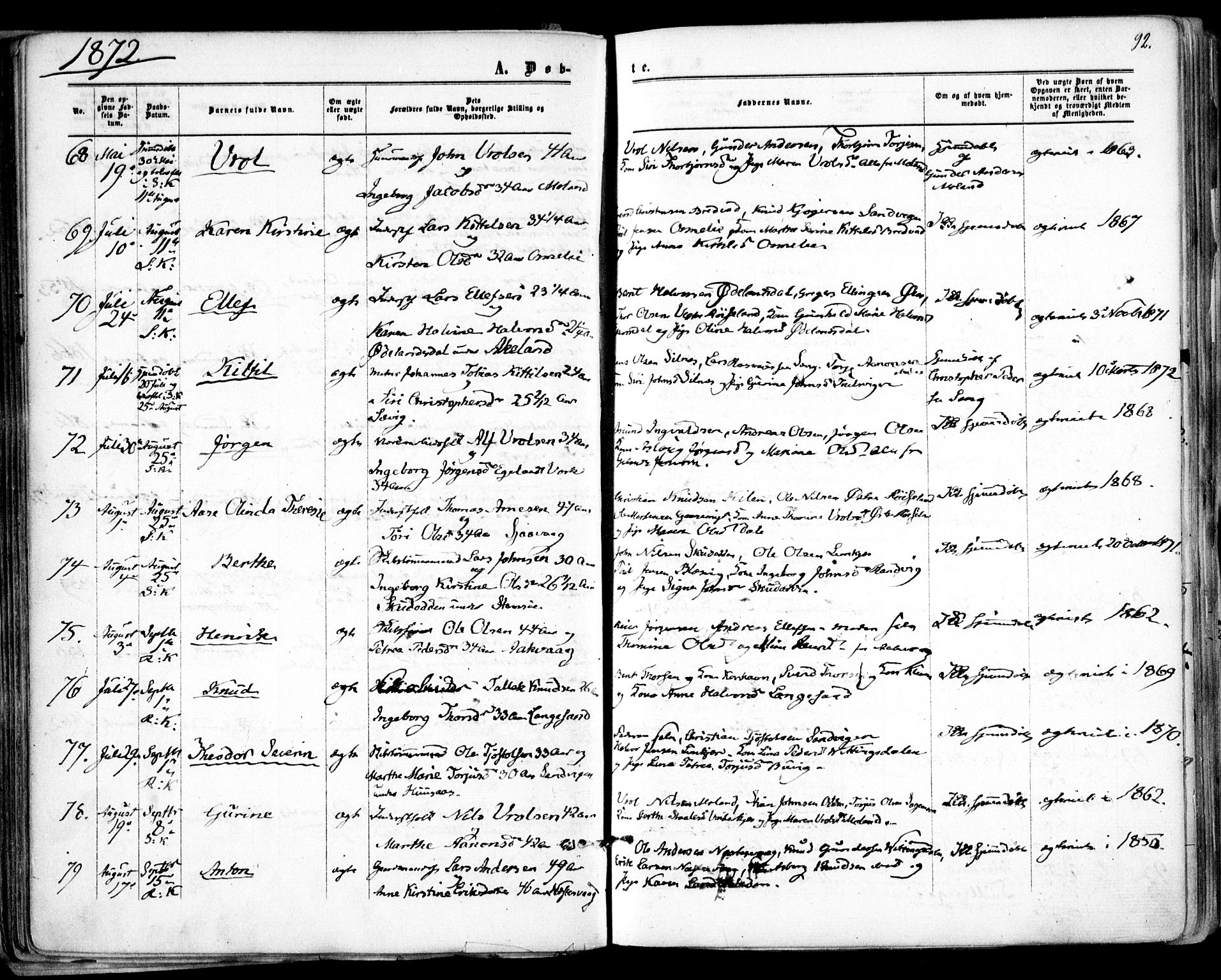 Søndeled sokneprestkontor, AV/SAK-1111-0038/F/Fa/L0003: Parish register (official) no. A 3, 1861-1879, p. 92