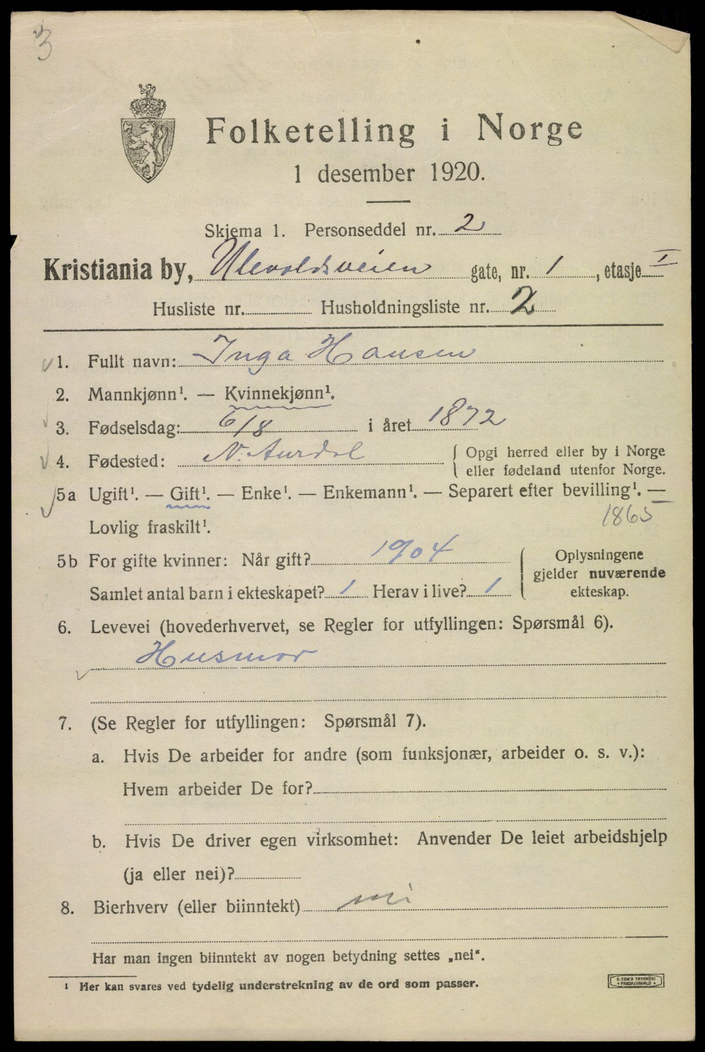 SAO, 1920 census for Kristiania, 1920, p. 612653