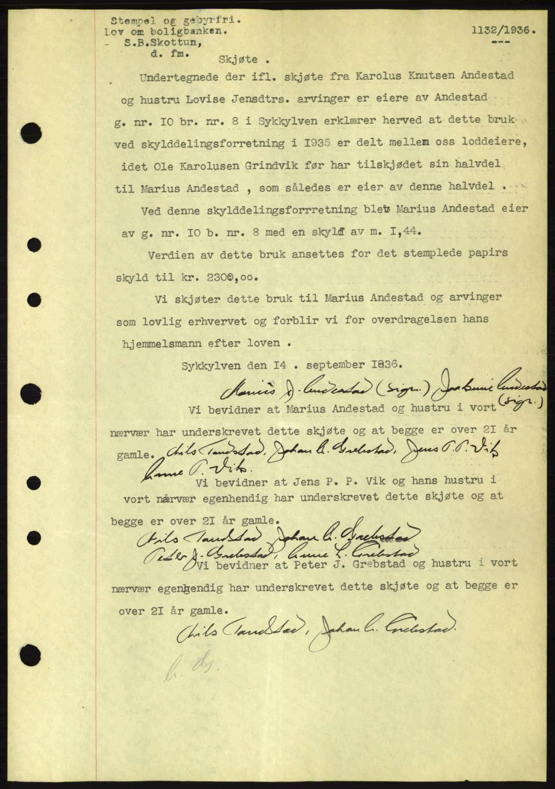 Nordre Sunnmøre sorenskriveri, AV/SAT-A-0006/1/2/2C/2Ca: Mortgage book no. A1, 1936-1936, Diary no: : 1132/1936