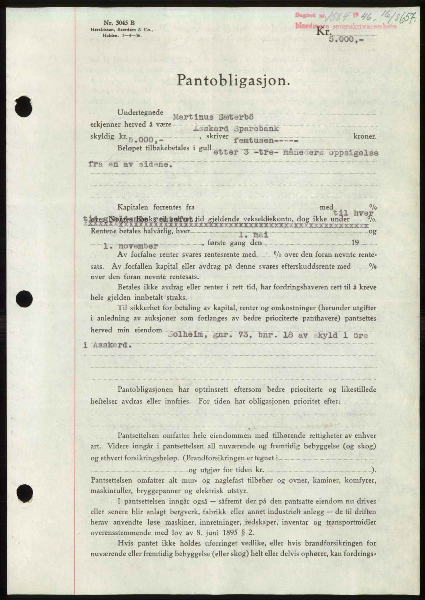 Nordmøre sorenskriveri, AV/SAT-A-4132/1/2/2Ca: Mortgage book no. B94, 1946-1946, Diary no: : 1584/1946