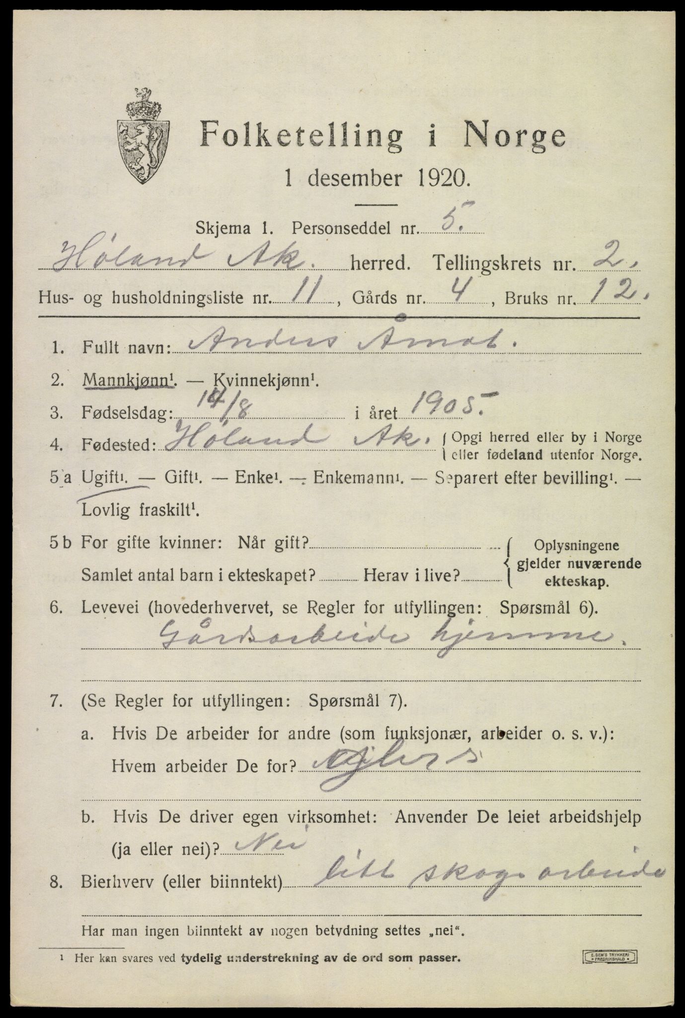 SAO, 1920 census for Høland, 1920, p. 4127