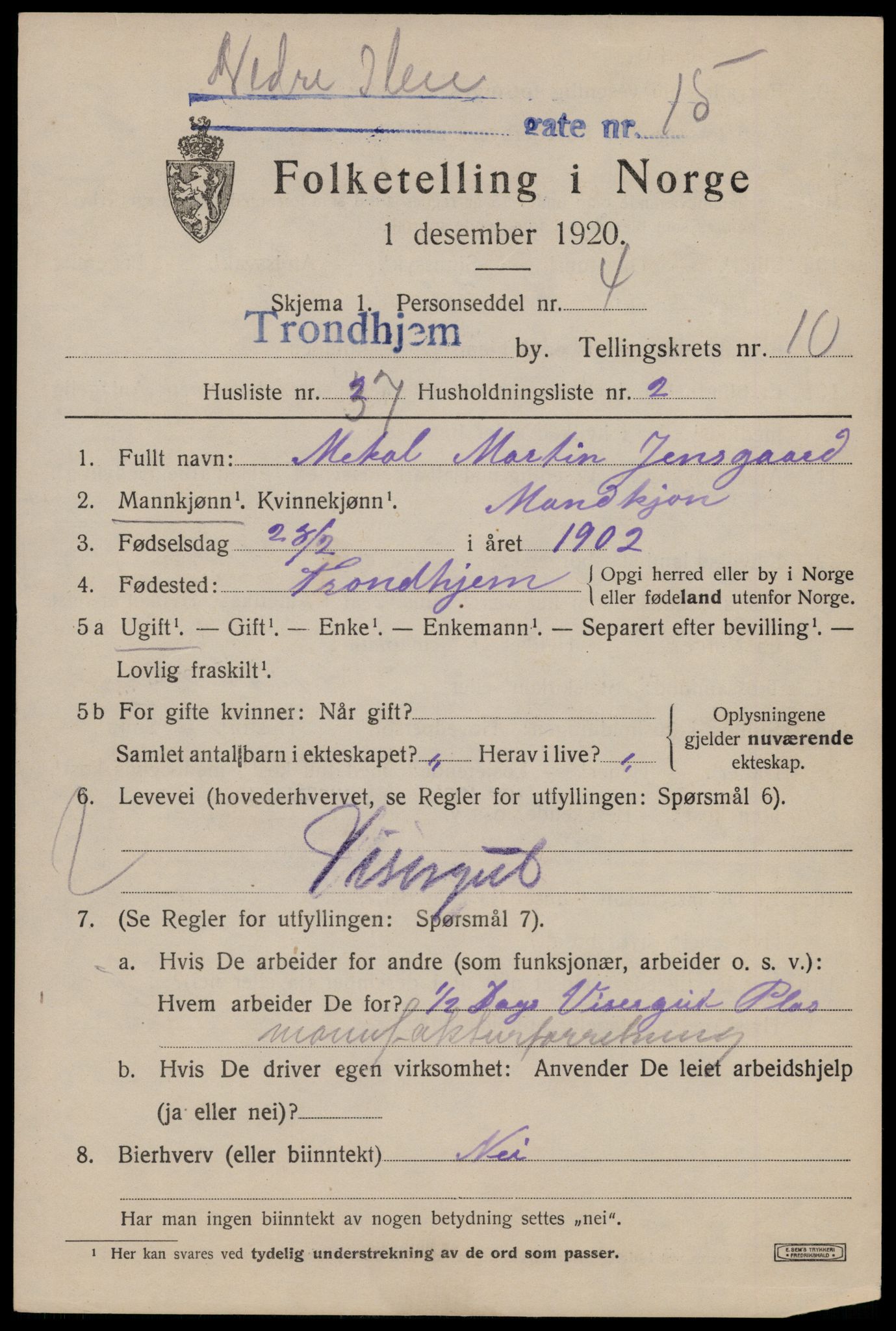 SAT, 1920 census for Trondheim, 1920, p. 45896