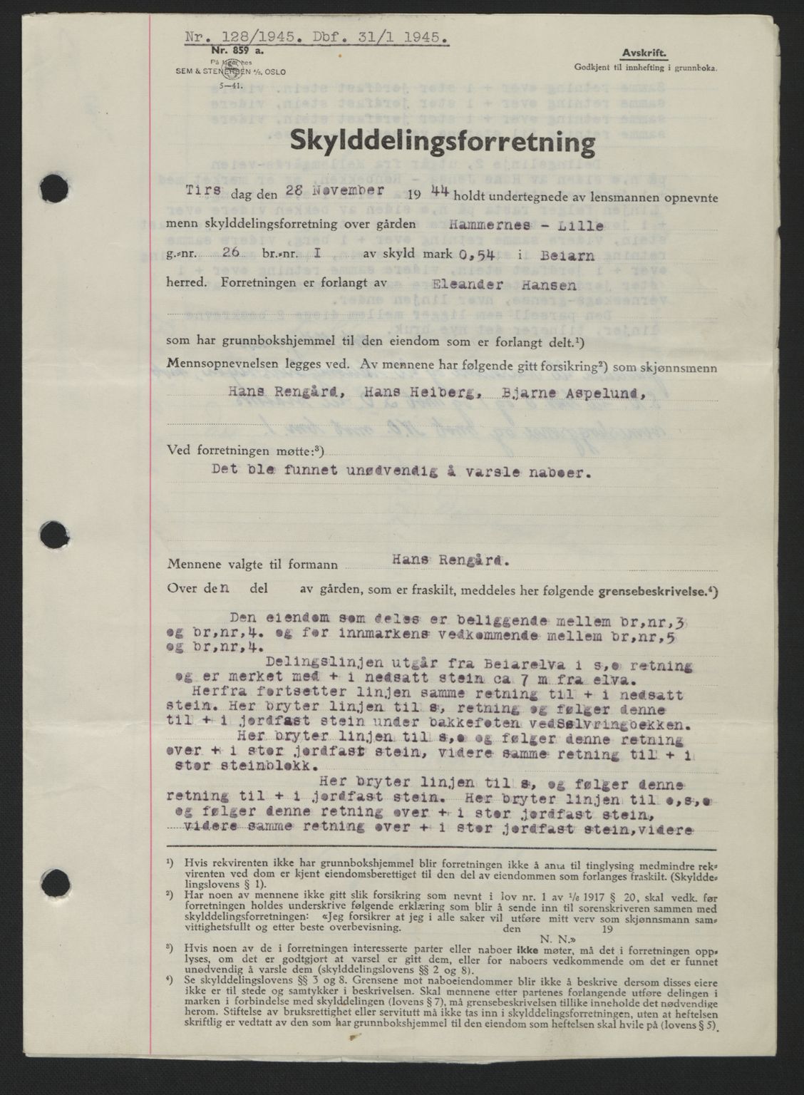 Salten sorenskriveri, AV/SAT-A-4578/1/2/2C: Mortgage book no. A15-17, 1945-1945, Diary no: : 128/1945