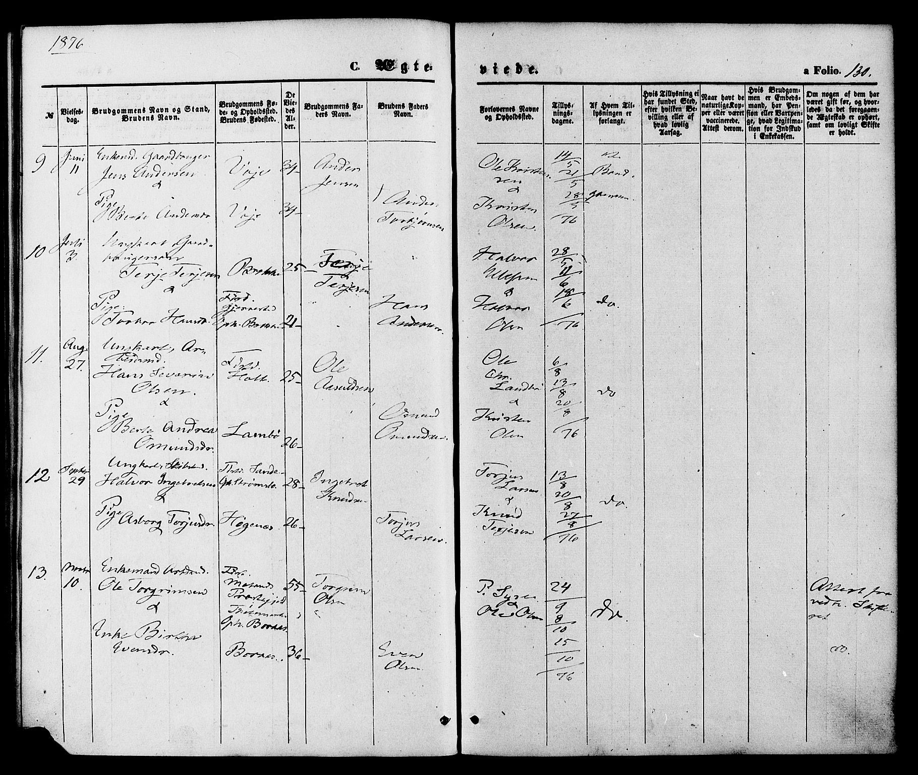 Austre Moland sokneprestkontor, AV/SAK-1111-0001/F/Fa/Faa/L0009: Parish register (official) no. A 9, 1869-1879, p. 130