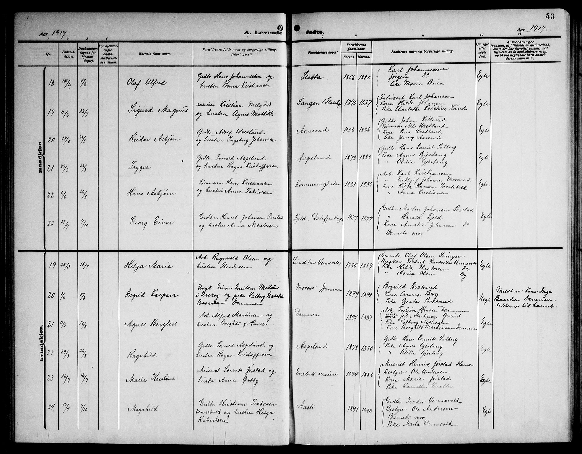 Enebakk prestekontor Kirkebøker, AV/SAO-A-10171c/G/Ga/L0007: Parish register (copy) no. I 7, 1911-1949, p. 43