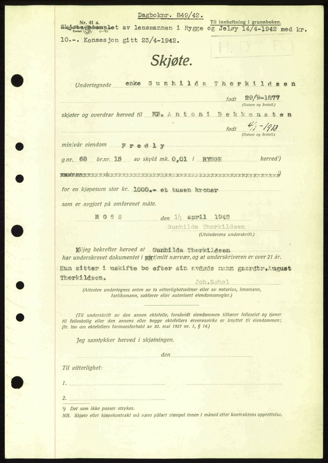 Moss sorenskriveri, SAO/A-10168: Mortgage book no. A9, 1941-1942, Diary no: : 849/1942