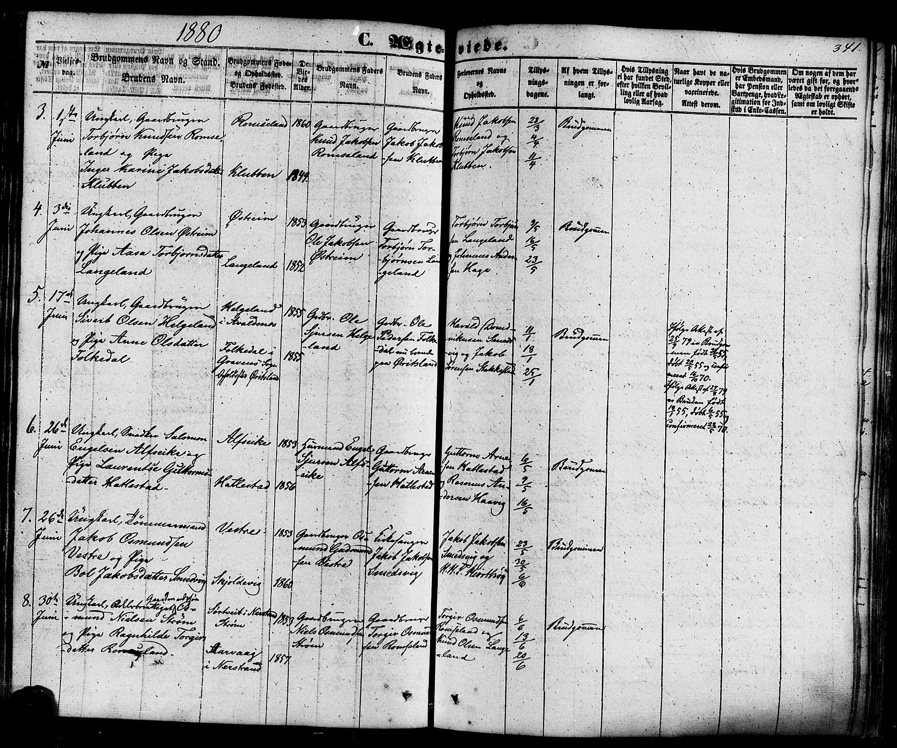 Skjold sokneprestkontor, AV/SAST-A-101847/H/Ha/Haa/L0008: Parish register (official) no. A 8, 1856-1882, p. 341