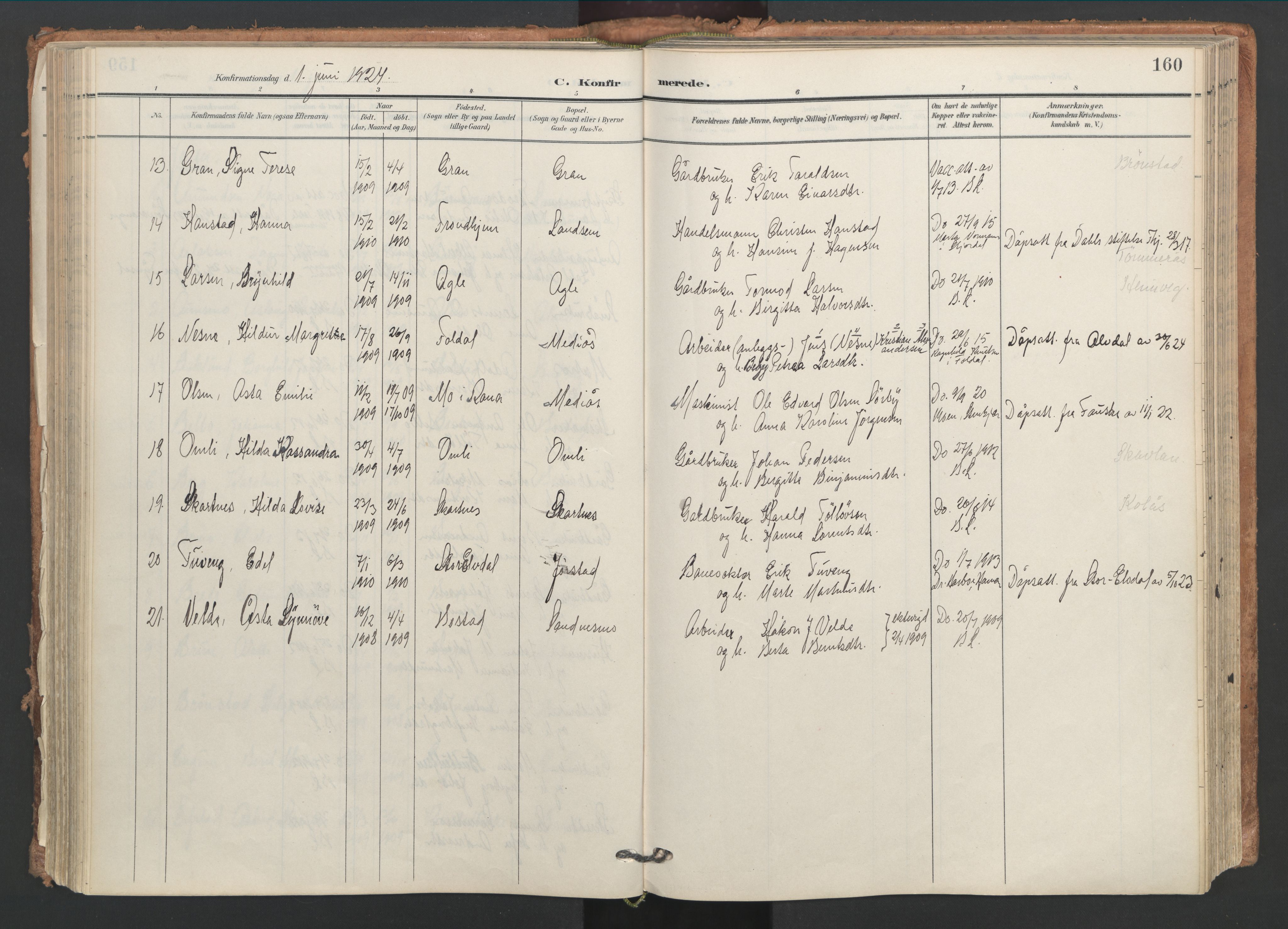 Ministerialprotokoller, klokkerbøker og fødselsregistre - Nord-Trøndelag, AV/SAT-A-1458/749/L0477: Parish register (official) no. 749A11, 1902-1927, p. 160