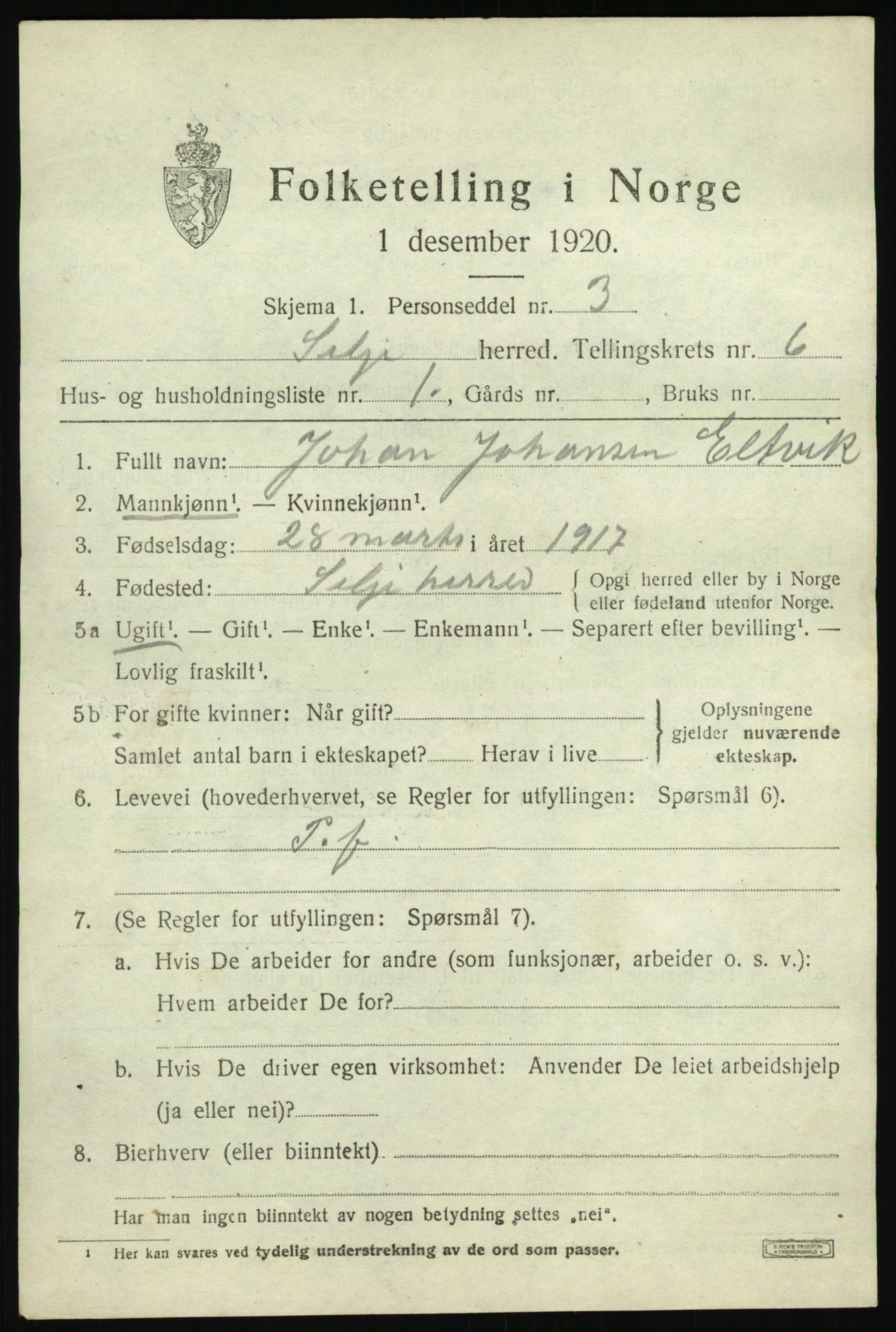 SAB, 1920 census for Selje, 1920, p. 3367