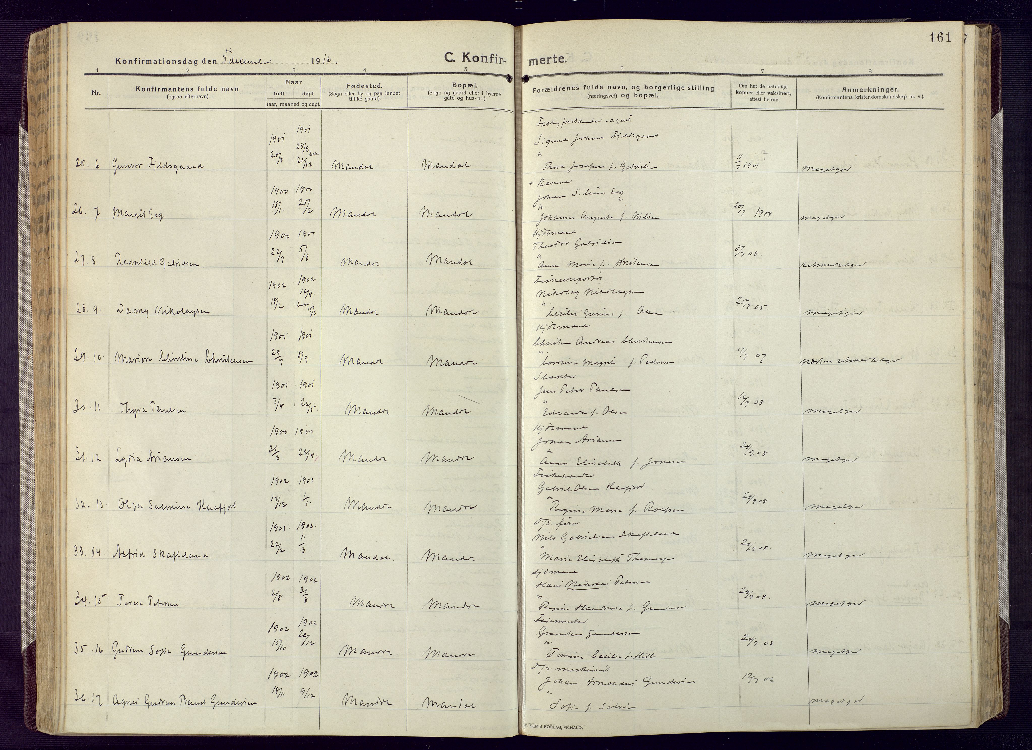 Mandal sokneprestkontor, AV/SAK-1111-0030/F/Fa/Fac/L0001: Parish register (official) no. A 1, 1913-1925, p. 161