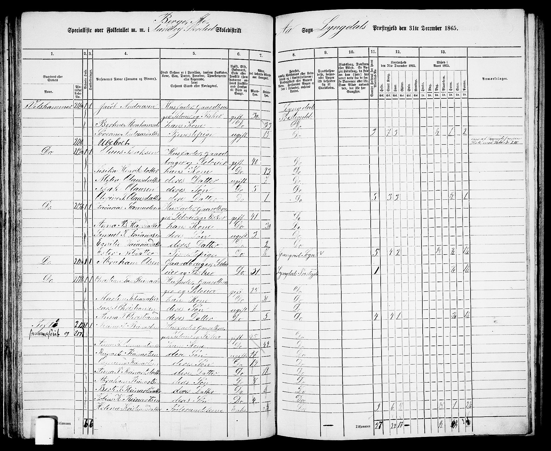 RA, 1865 census for Lyngdal, 1865, p. 110