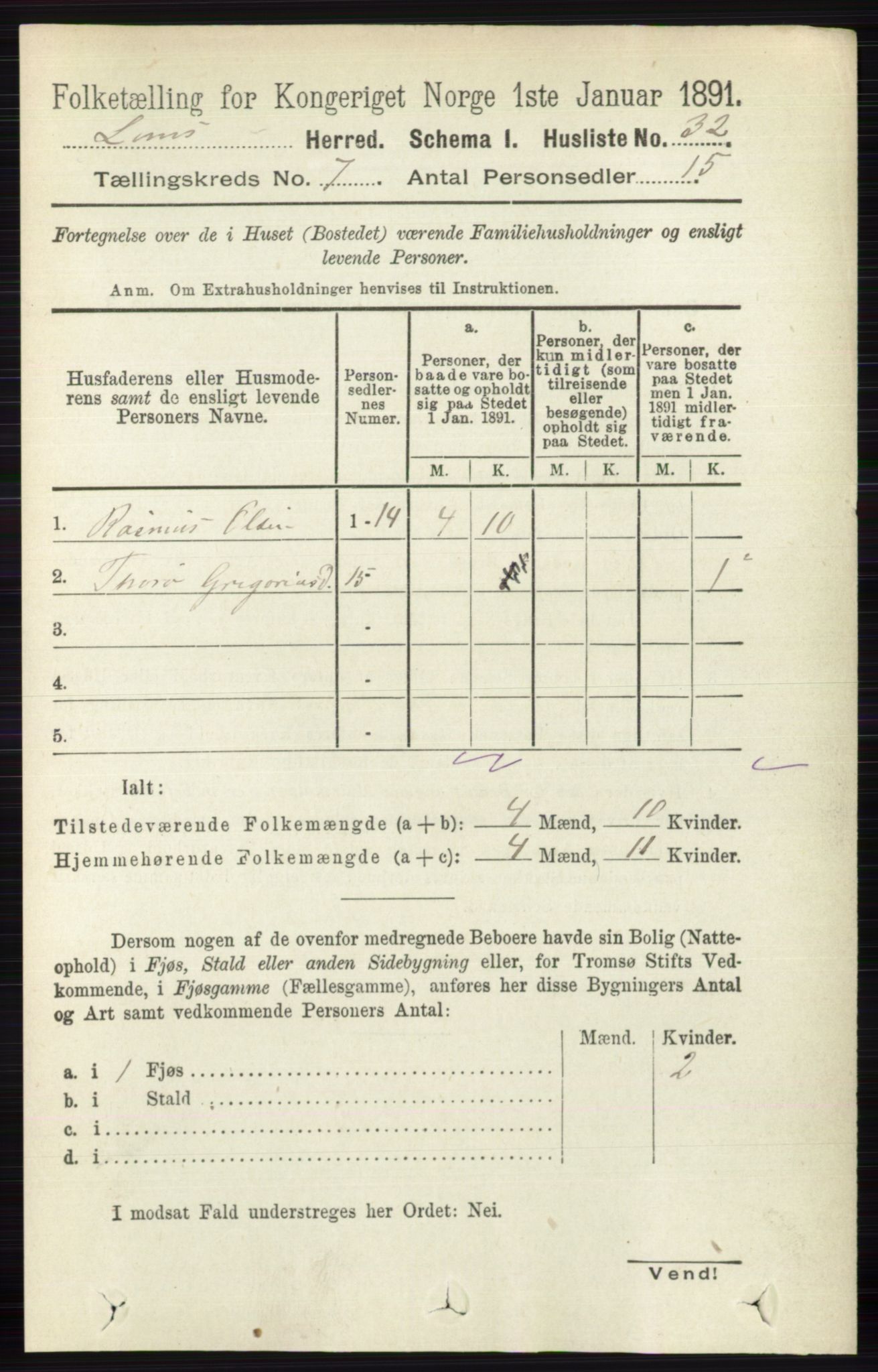 RA, 1891 census for 0514 Lom, 1891, p. 2791