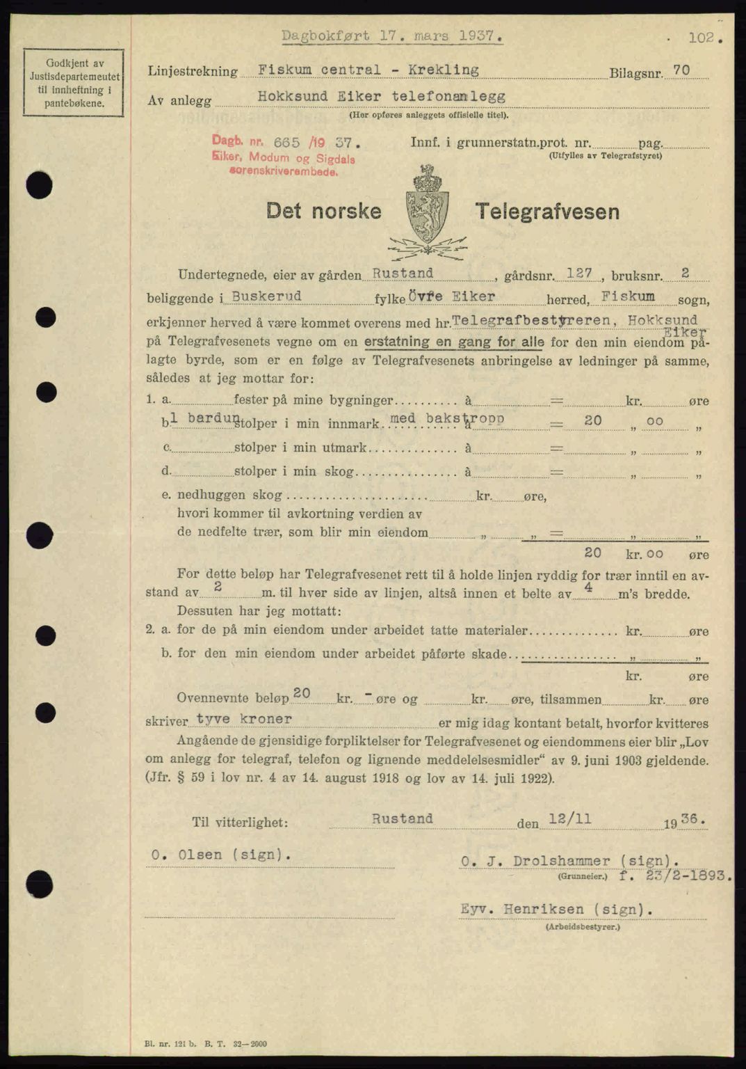 Eiker, Modum og Sigdal sorenskriveri, SAKO/A-123/G/Ga/Gab/L0035: Mortgage book no. A5, 1937-1937, Diary no: : 665/1937