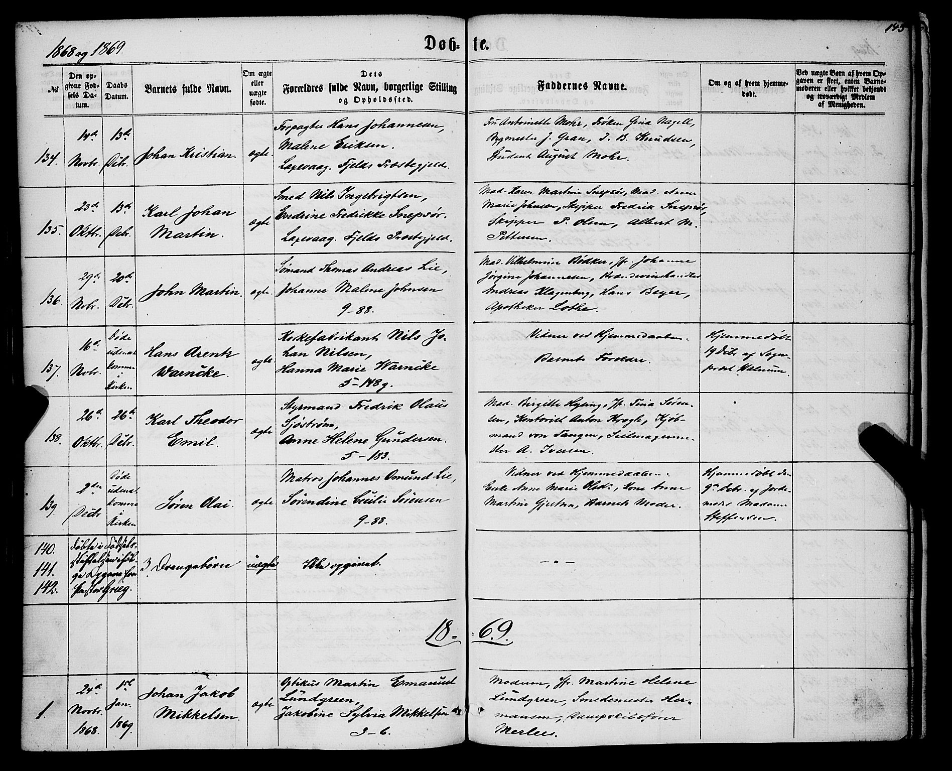 Nykirken Sokneprestembete, SAB/A-77101/H/Haa/L0015: Parish register (official) no. B 2, 1858-1869, p. 145