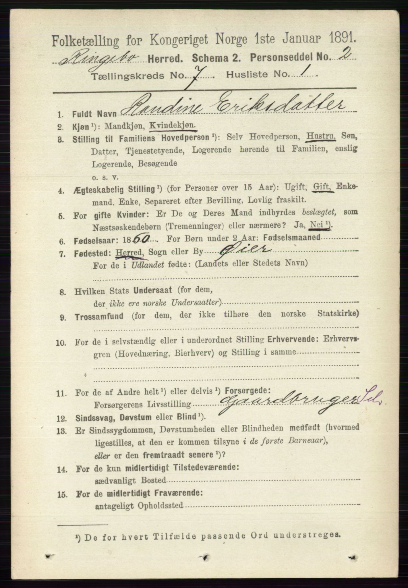 RA, 1891 census for 0520 Ringebu, 1891, p. 3036