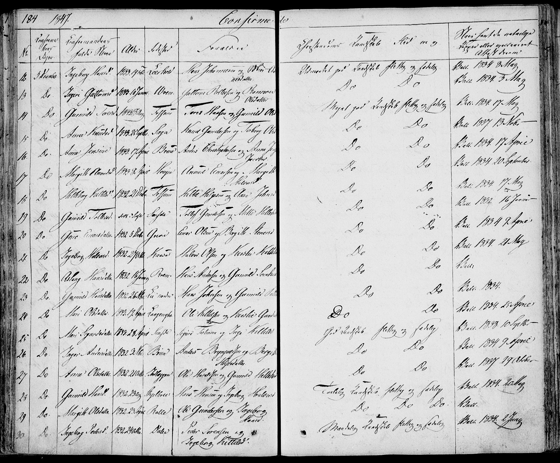 Bø kirkebøker, SAKO/A-257/F/Fa/L0007: Parish register (official) no. 7, 1831-1848, p. 184