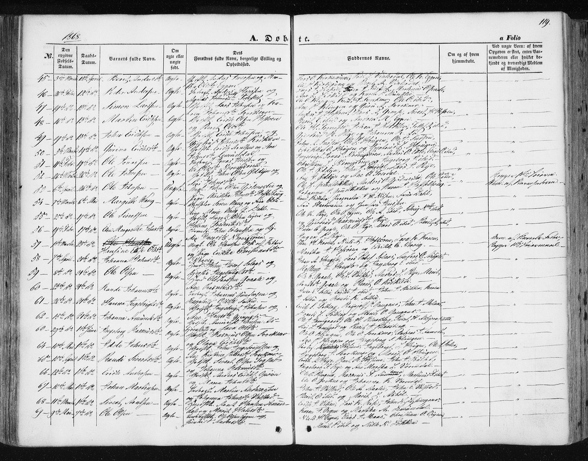 Ministerialprotokoller, klokkerbøker og fødselsregistre - Sør-Trøndelag, SAT/A-1456/668/L0806: Parish register (official) no. 668A06, 1854-1869, p. 119