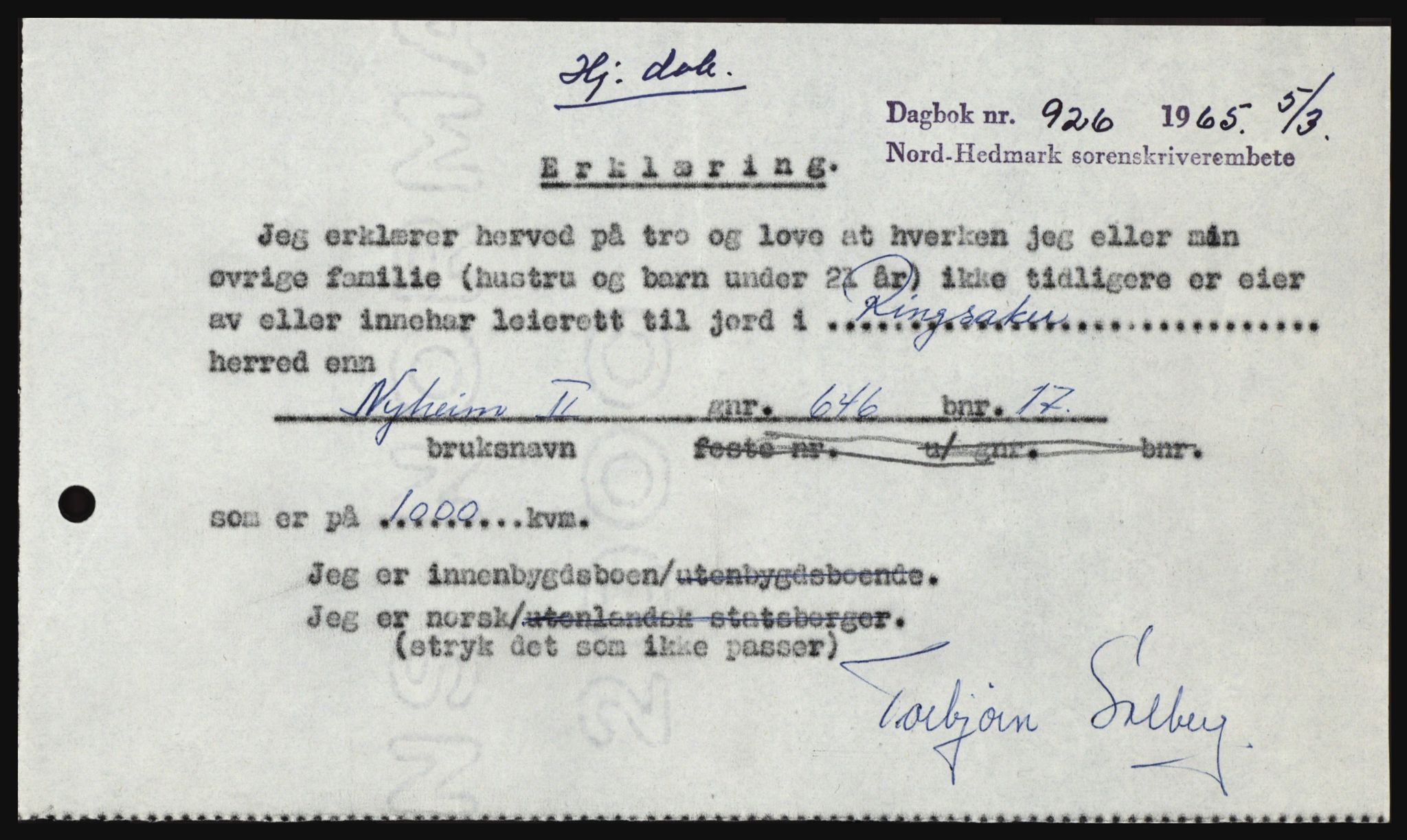 Nord-Hedmark sorenskriveri, SAH/TING-012/H/Hc/L0021: Mortgage book no. 21, 1964-1965, Diary no: : 926/1965