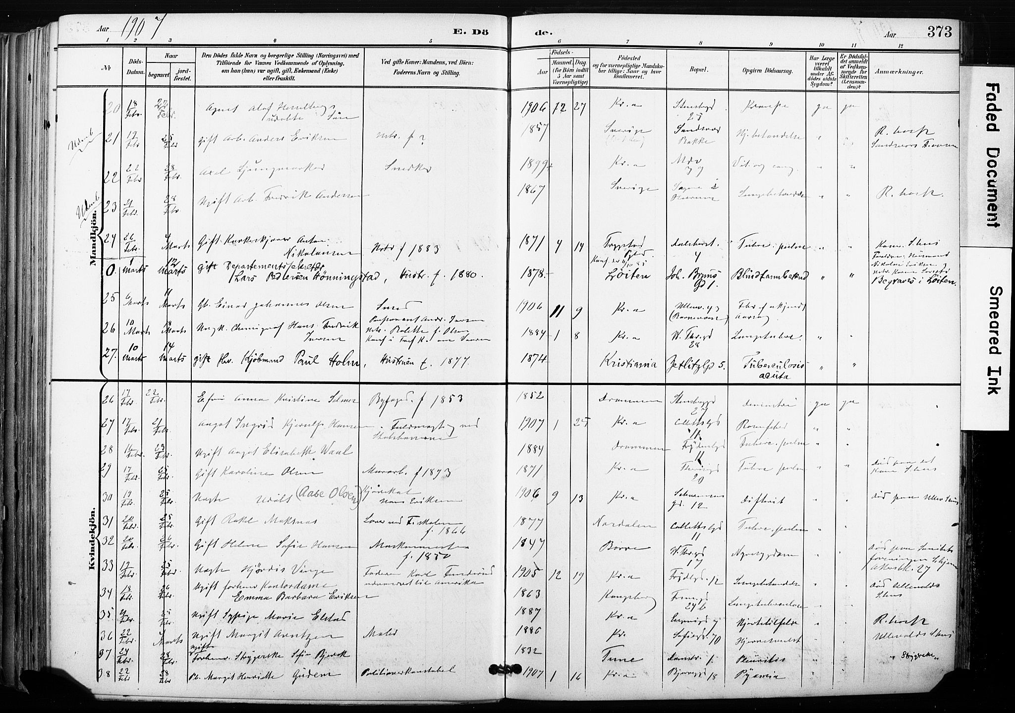 Gamle Aker prestekontor Kirkebøker, AV/SAO-A-10617a/F/L0013: Parish register (official) no. 13, 1901-1908, p. 373