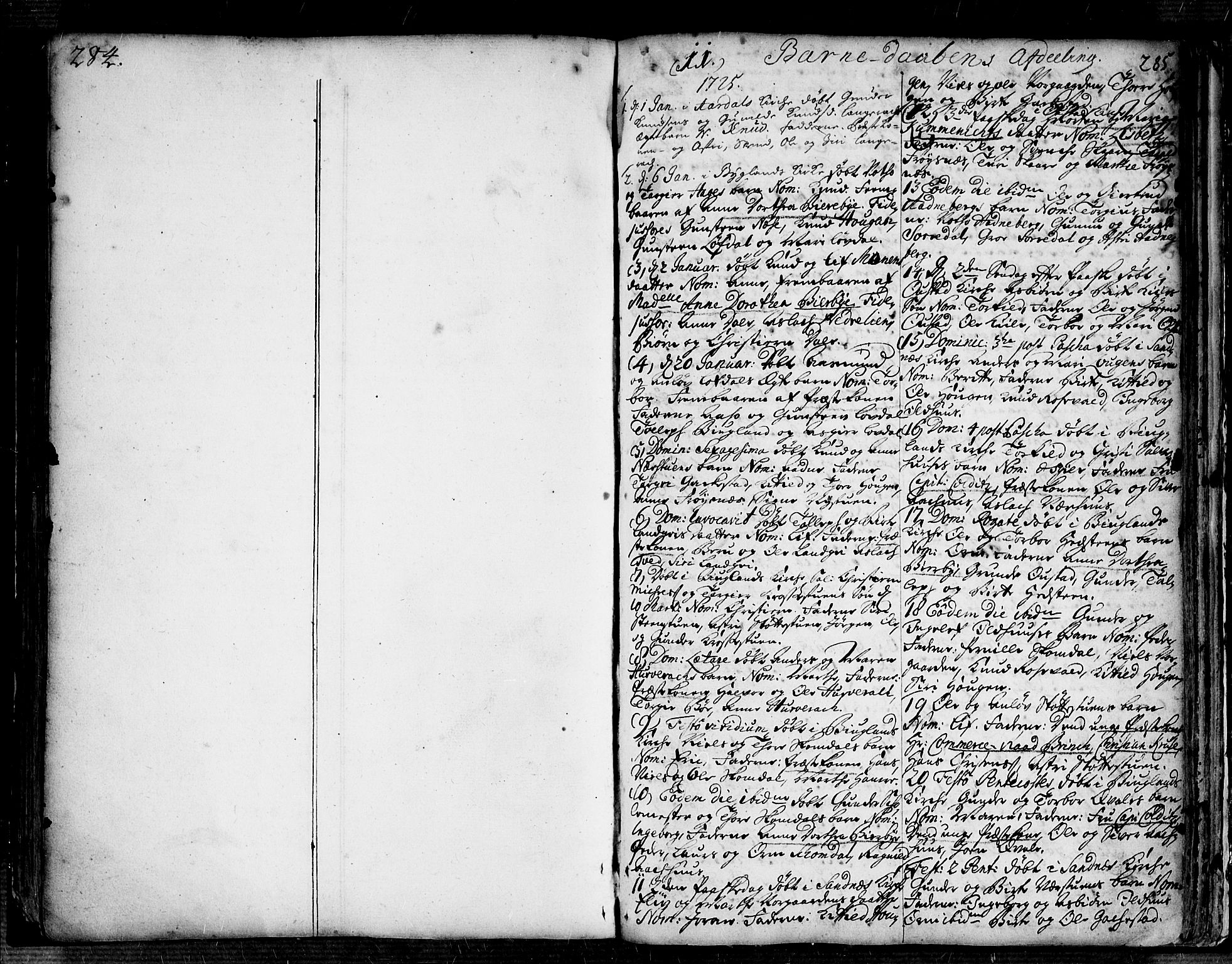 Bygland sokneprestkontor, SAK/1111-0006/F/Fa/Fab/L0001: Parish register (official) no. A 1, 1725-1766, p. 284-285