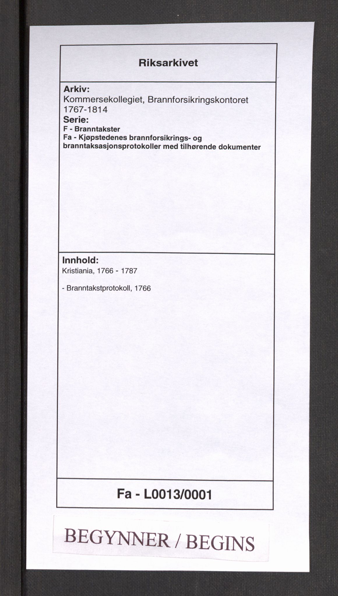 Kommersekollegiet, Brannforsikringskontoret 1767-1814, RA/EA-5458/F/Fa/L0013/0001: Kristiania / Branntakstprotokoll, 1766