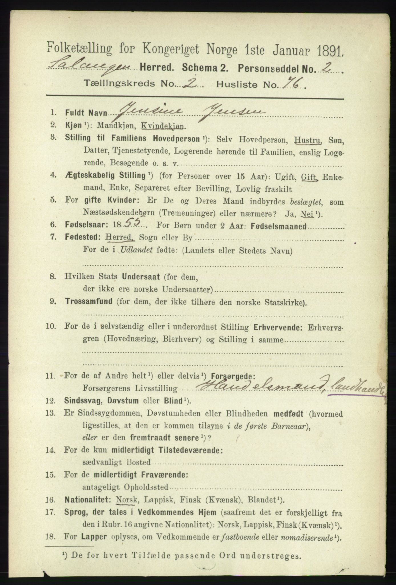 RA, 1891 census for 1921 Salangen, 1891, p. 1135