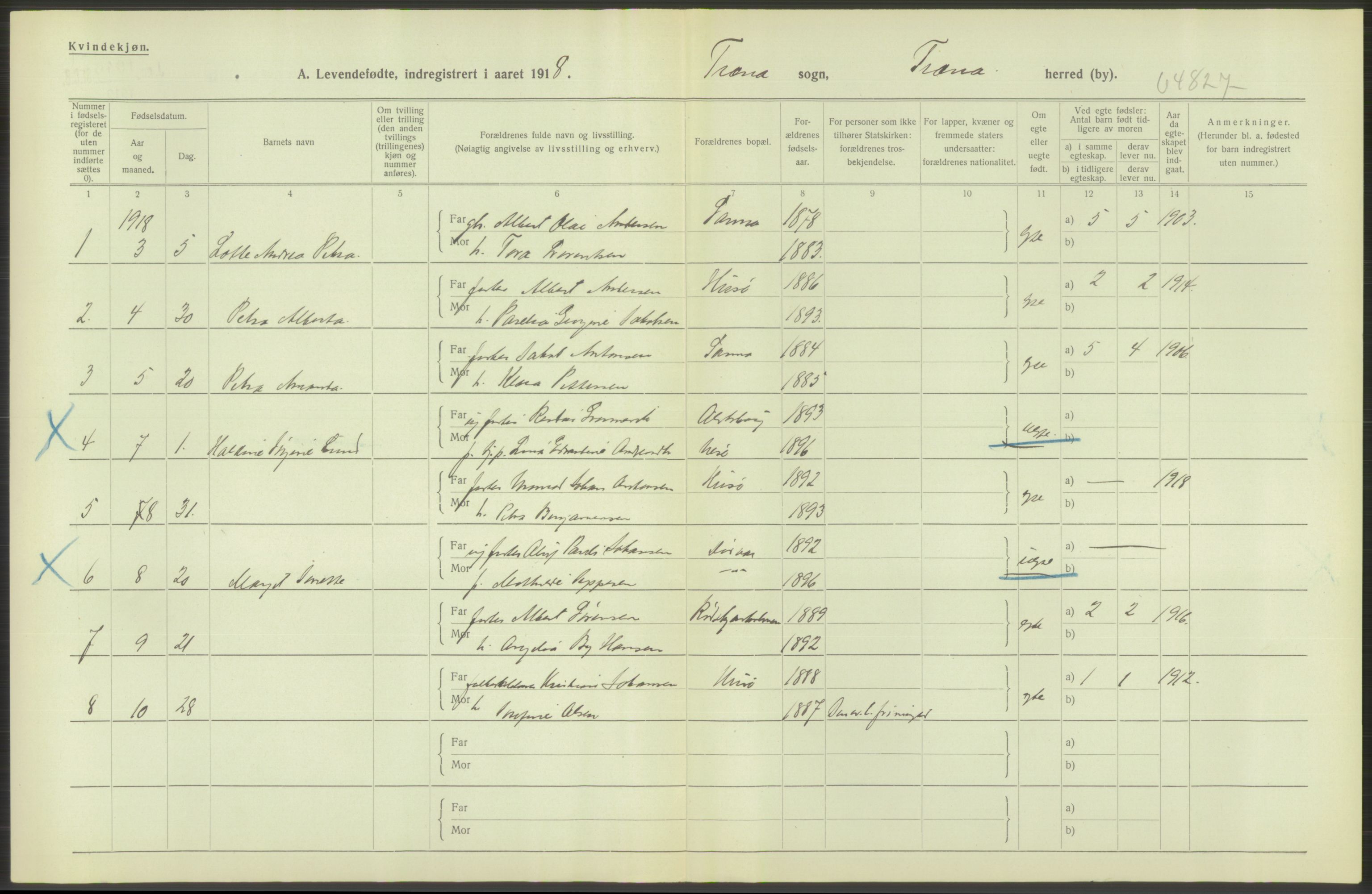 Statistisk sentralbyrå, Sosiodemografiske emner, Befolkning, RA/S-2228/D/Df/Dfb/Dfbh/L0052: Nordland fylke: Levendefødte menn og kvinner. Bygder., 1918, p. 146