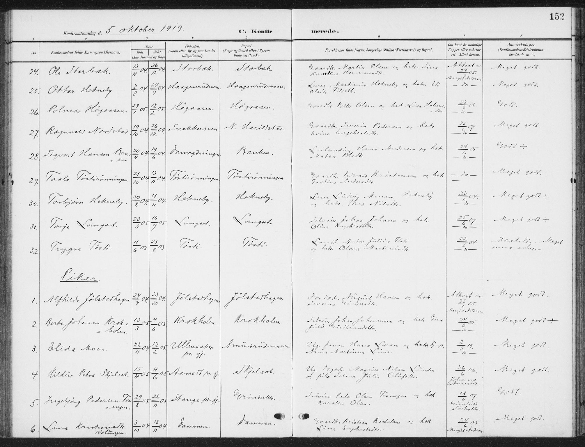 Romedal prestekontor, SAH/PREST-004/K/L0009: Parish register (official) no. 9, 1906-1929, p. 152