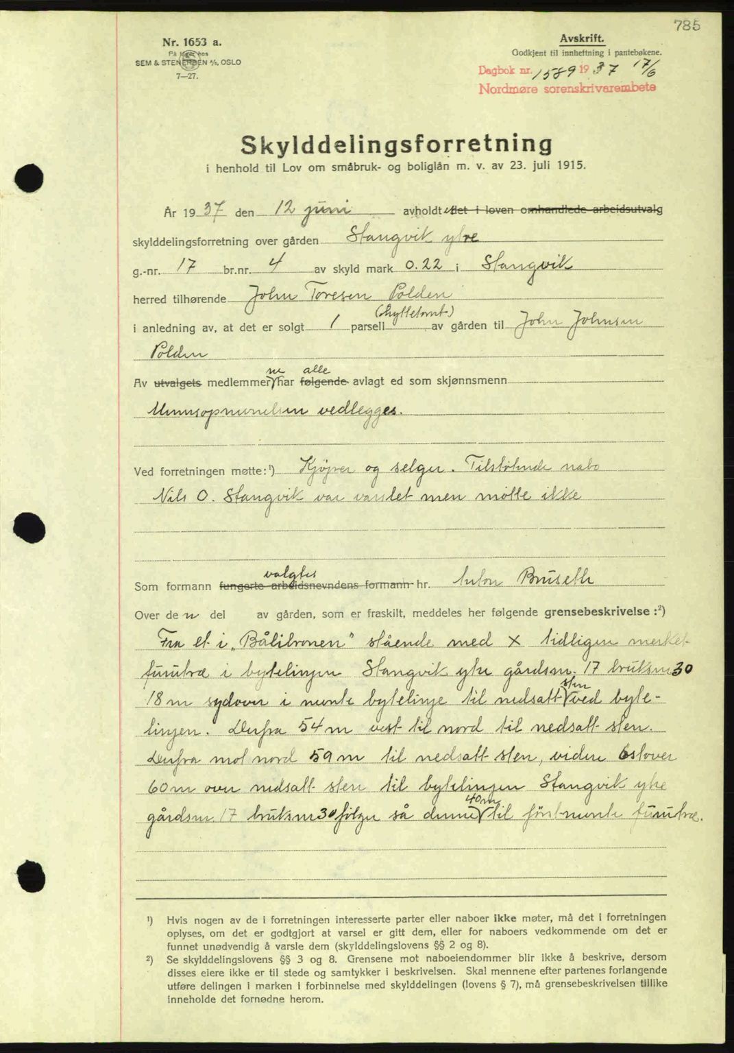 Nordmøre sorenskriveri, AV/SAT-A-4132/1/2/2Ca: Mortgage book no. A81, 1937-1937, Diary no: : 1589/1937