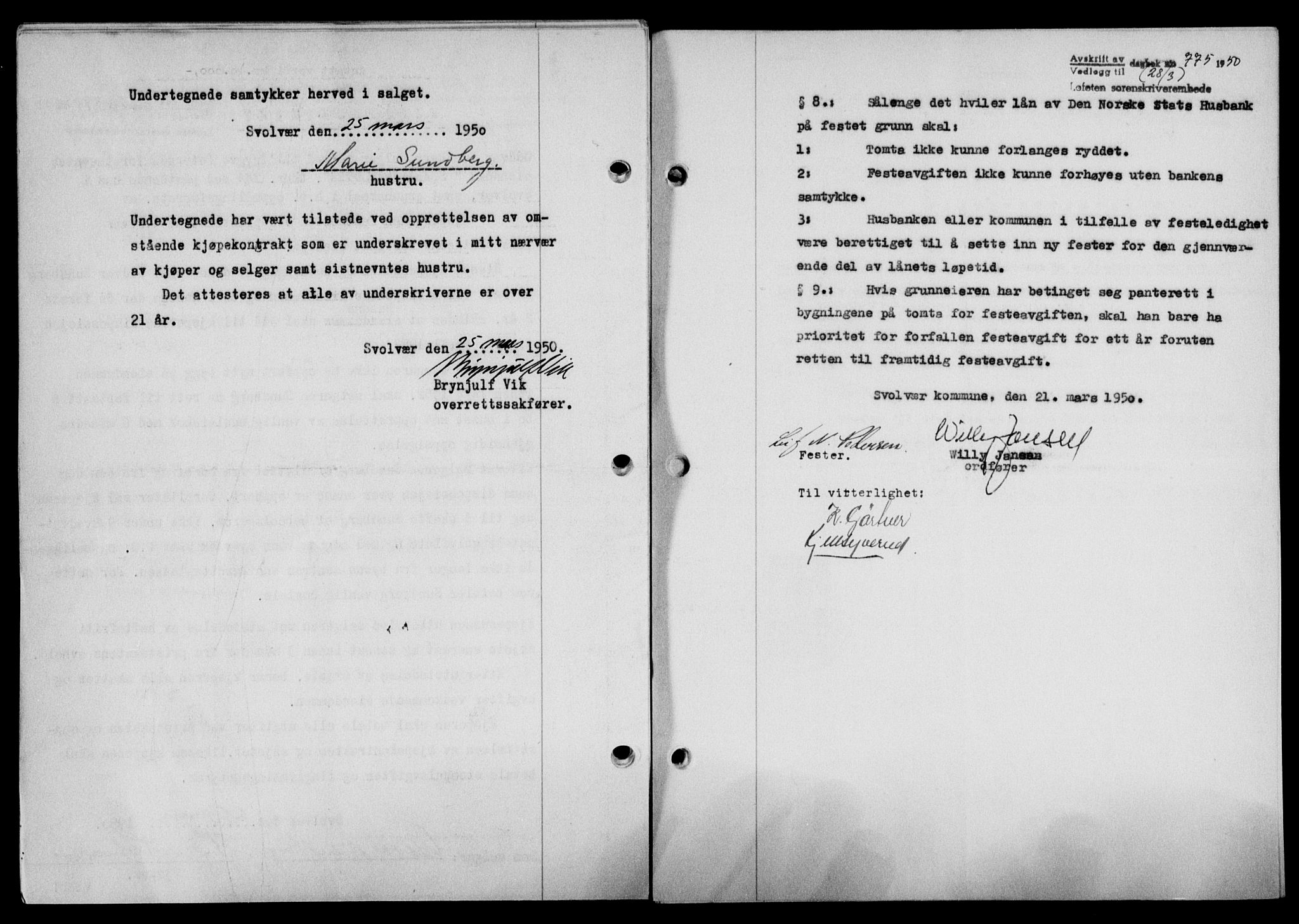 Lofoten sorenskriveri, SAT/A-0017/1/2/2C/L0023a: Mortgage book no. 23a, 1950-1950, Diary no: : 775/1950