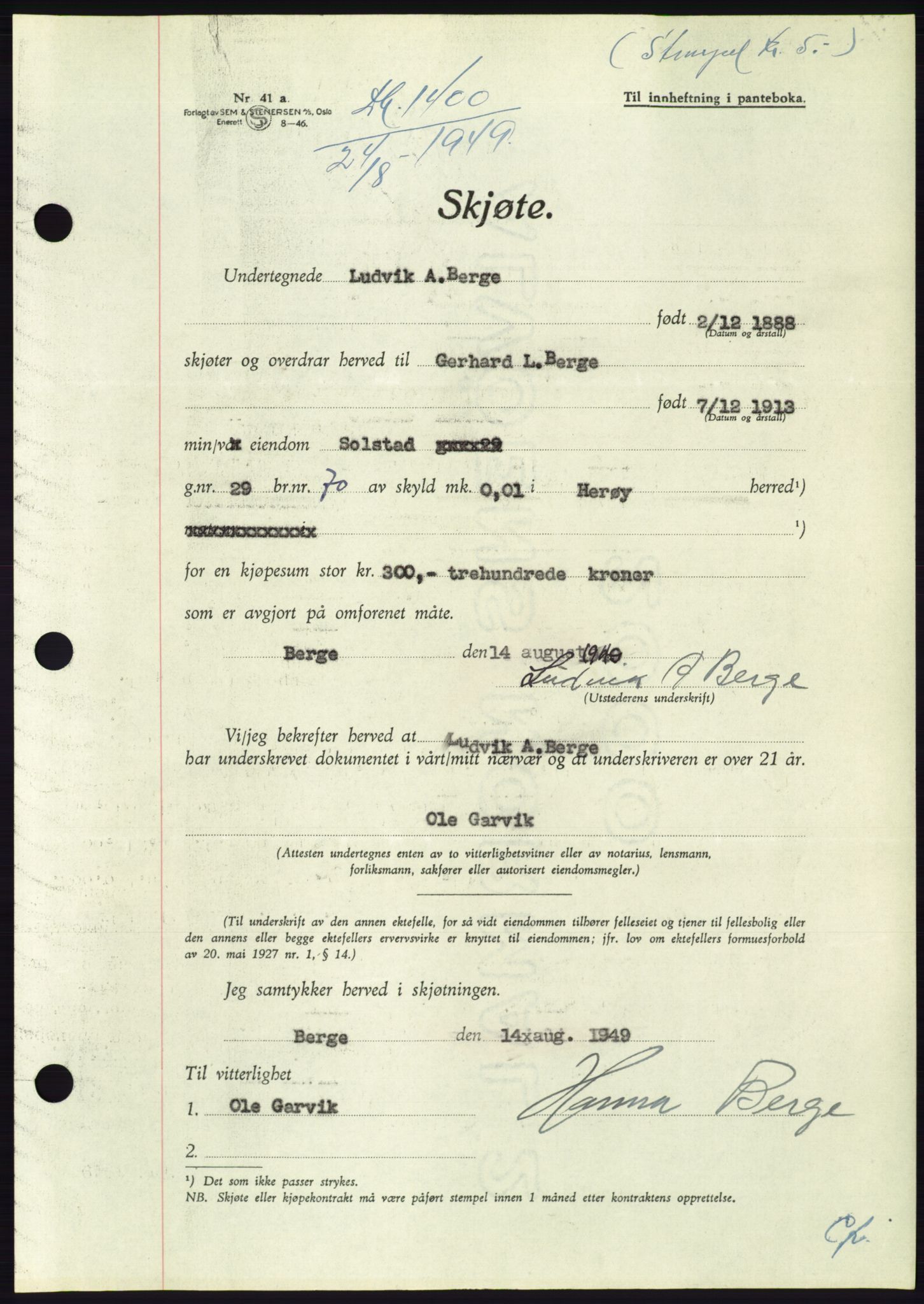 Søre Sunnmøre sorenskriveri, AV/SAT-A-4122/1/2/2C/L0085: Mortgage book no. 11A, 1949-1949, Diary no: : 1400/1949