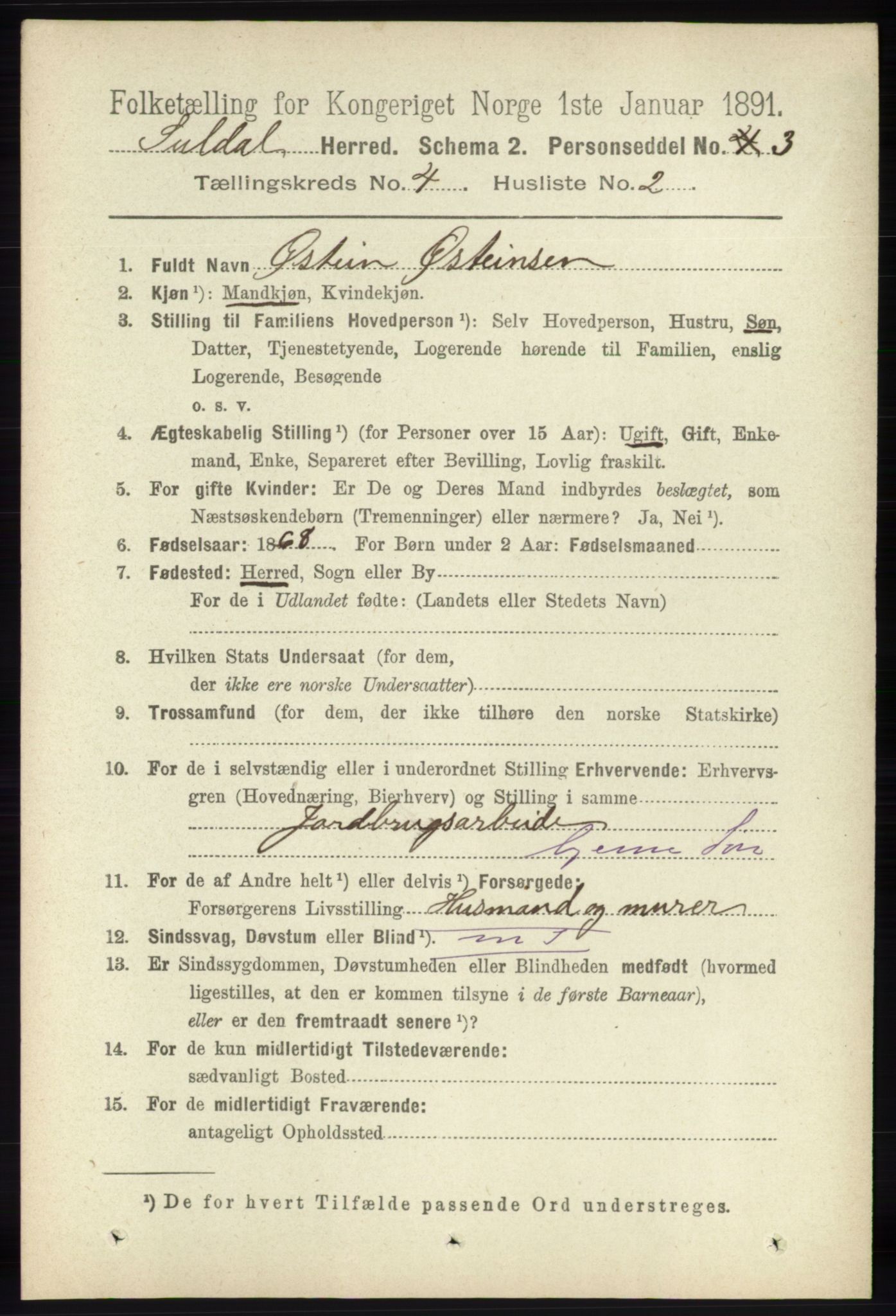 RA, 1891 census for 1134 Suldal, 1891, p. 871