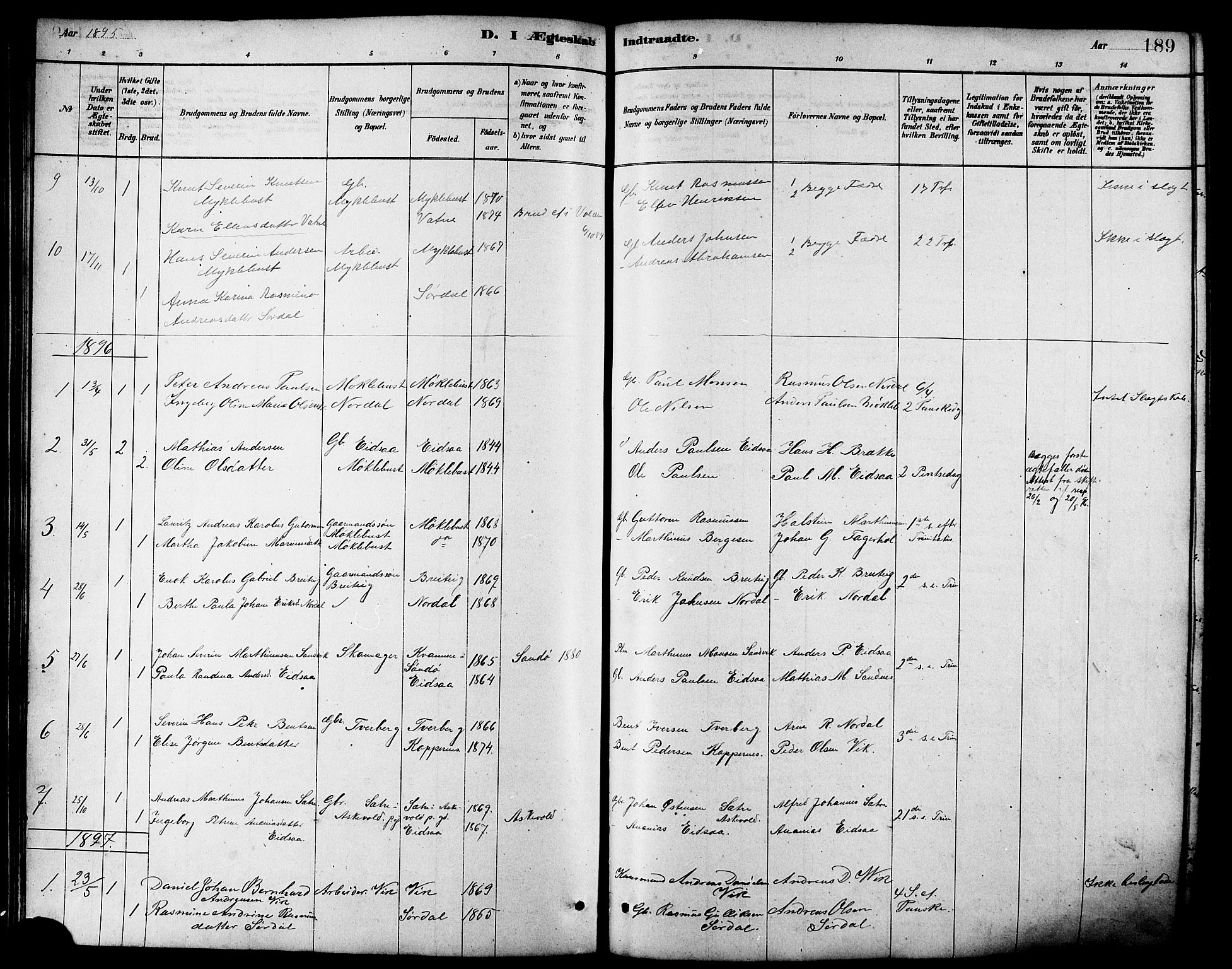 Ministerialprotokoller, klokkerbøker og fødselsregistre - Møre og Romsdal, AV/SAT-A-1454/502/L0027: Parish register (copy) no. 502C01, 1878-1908, p. 189