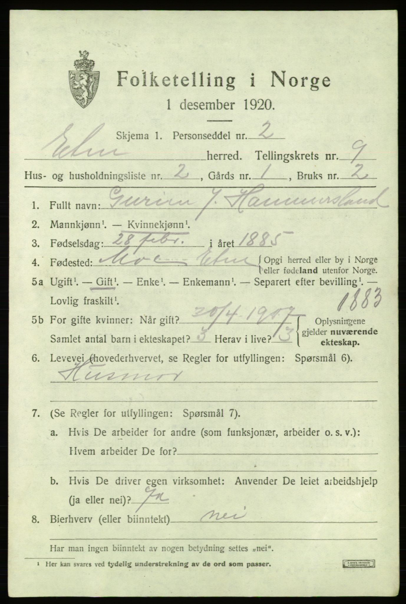 SAB, 1920 census for Etne, 1920, p. 3933