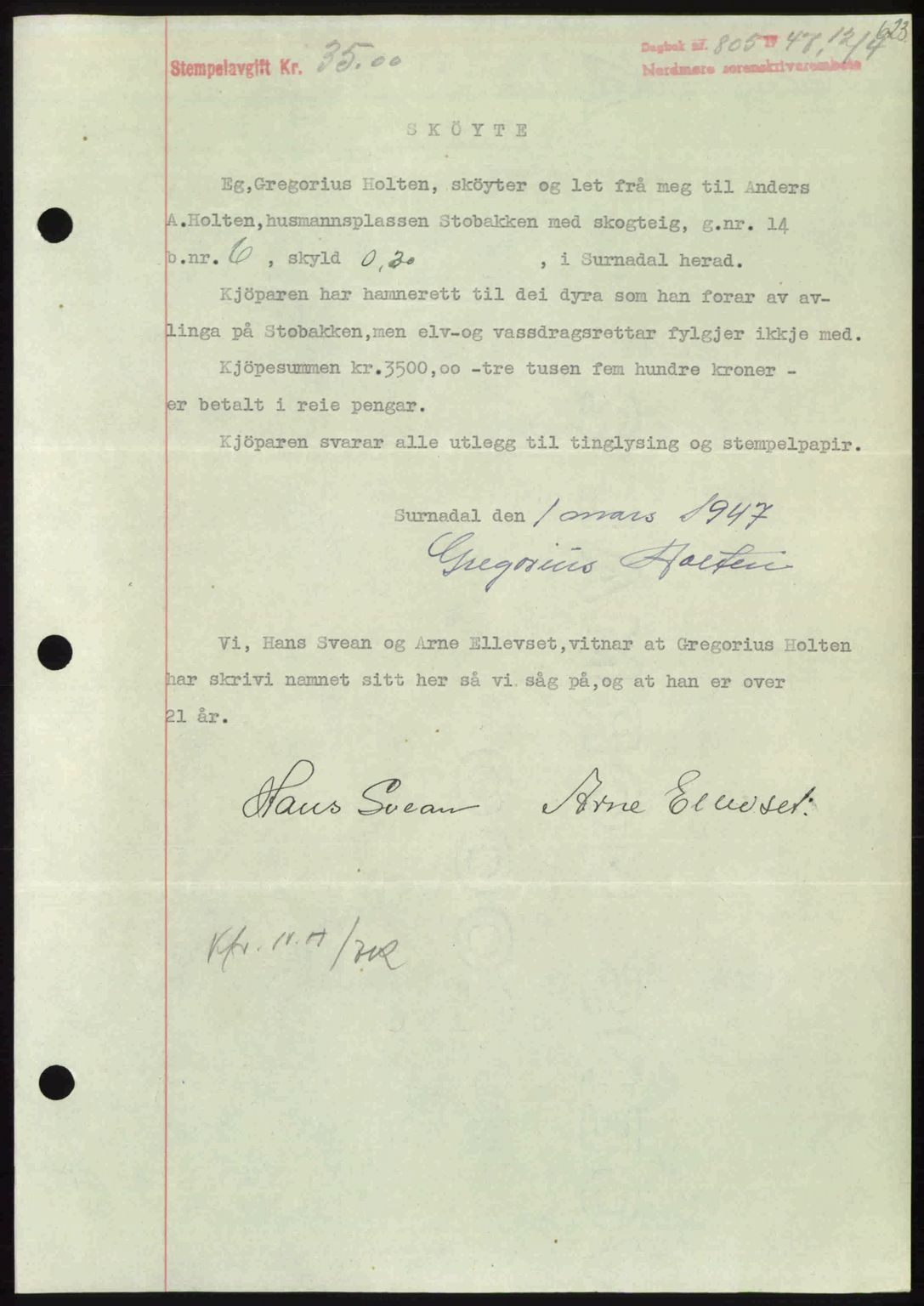 Nordmøre sorenskriveri, AV/SAT-A-4132/1/2/2Ca: Mortgage book no. A104, 1947-1947, Diary no: : 805/1947