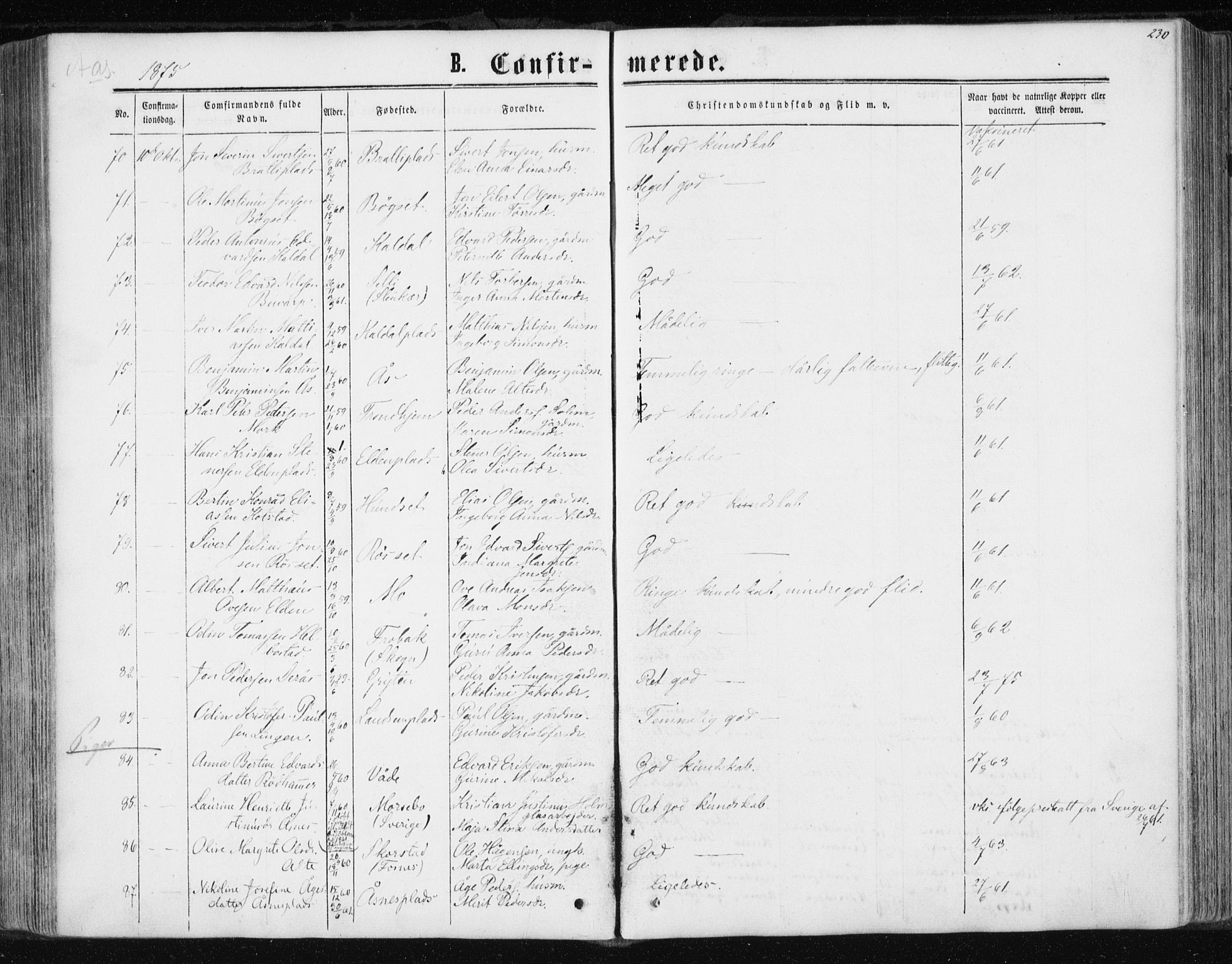 Ministerialprotokoller, klokkerbøker og fødselsregistre - Nord-Trøndelag, SAT/A-1458/741/L0394: Parish register (official) no. 741A08, 1864-1877, p. 230