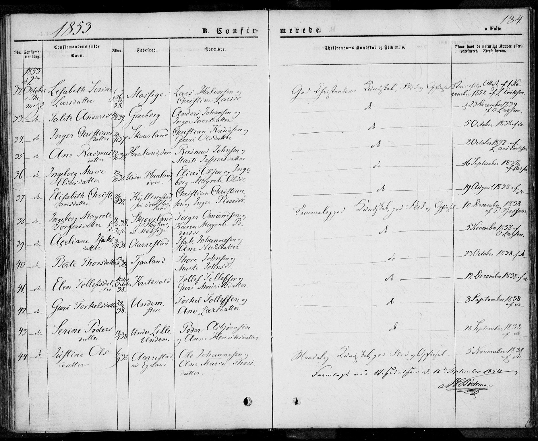 Lye sokneprestkontor, AV/SAST-A-101794/001/30BA/L0005: Parish register (official) no. A 5.1, 1842-1855, p. 184