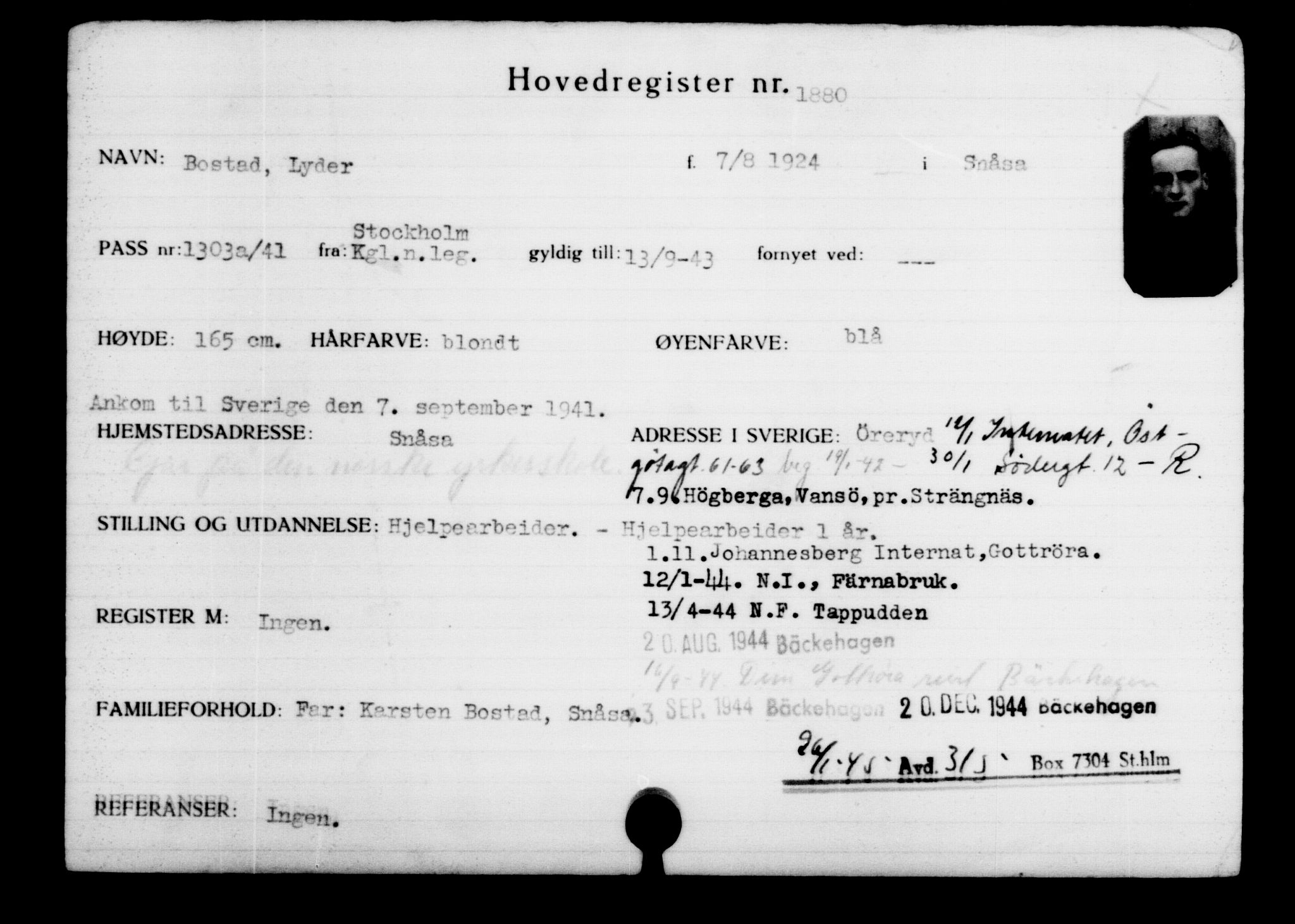 Den Kgl. Norske Legasjons Flyktningskontor, AV/RA-S-6753/V/Va/L0002: Kjesäterkartoteket.  Flyktningenr. 1001-2000, 1940-1945, p. 1255